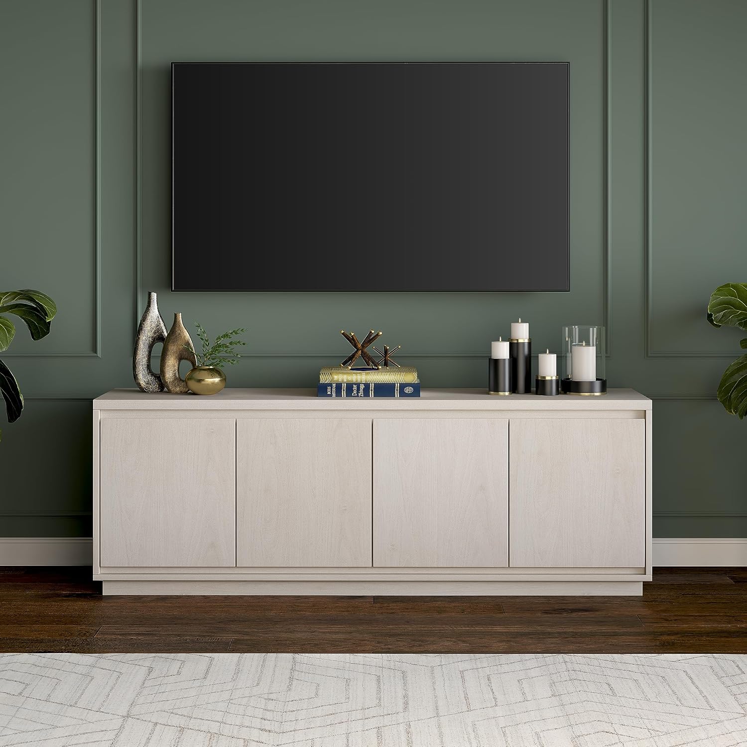 Henn&Hart TV Stand for TVs up to 75'' with 2 Concealed Storage Cabinets and Adjustable Shelves for Living Room, Family Room, or Office, Alder White