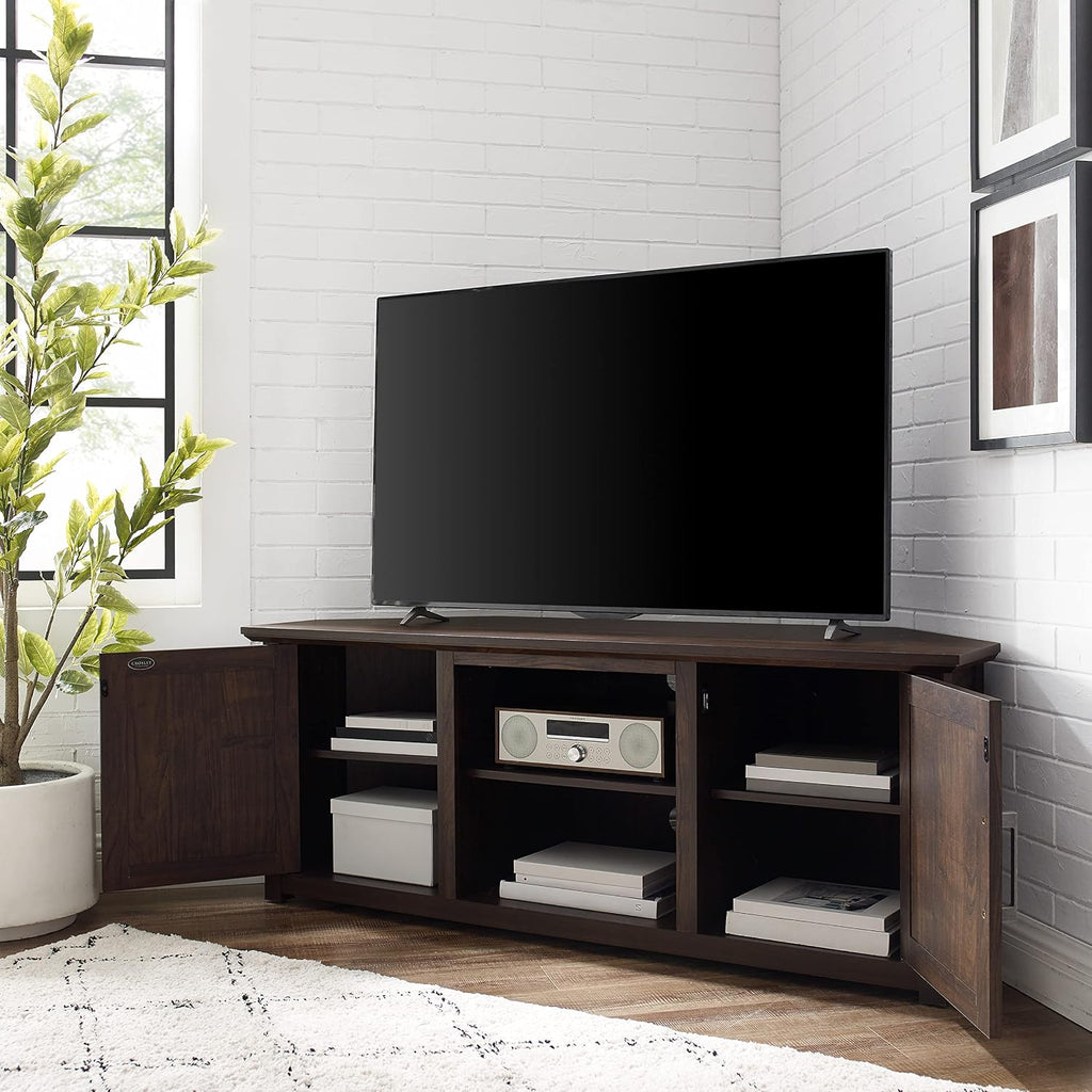 Crosley Furniture Camden Corner TV Stand for 65+ inch TVs, Entertainment Center with Storage Shelves, Dark Walnut