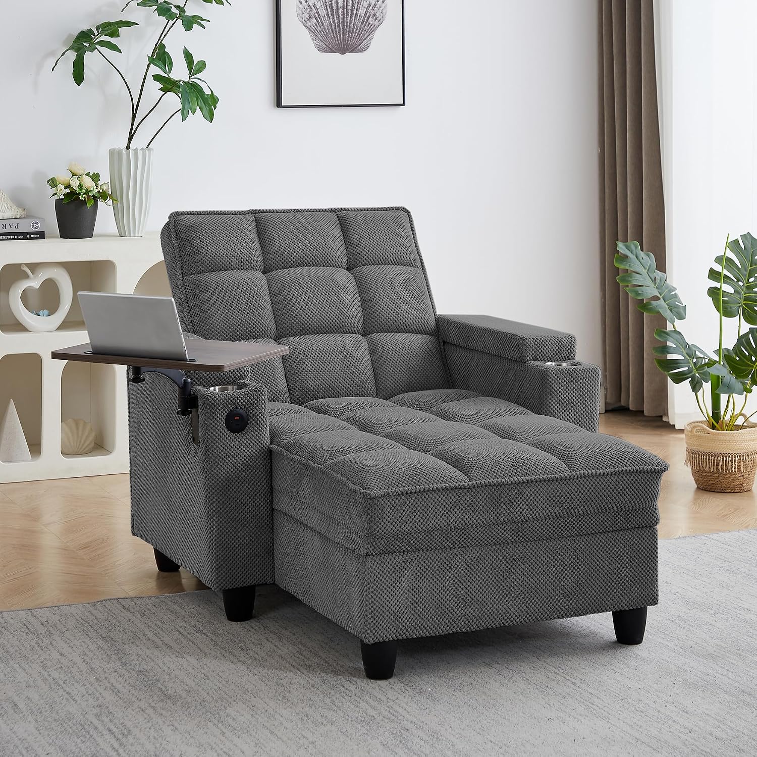 41.7' Oversized Chaise Lounge Chair Indoor, Boucle Upholstered Sofa Bed with Adjustable Backrest, Deep Seat Reading Chair, Sofas Couches for Living Room, Storage, Cup Holders & 360° Swivel Side Table