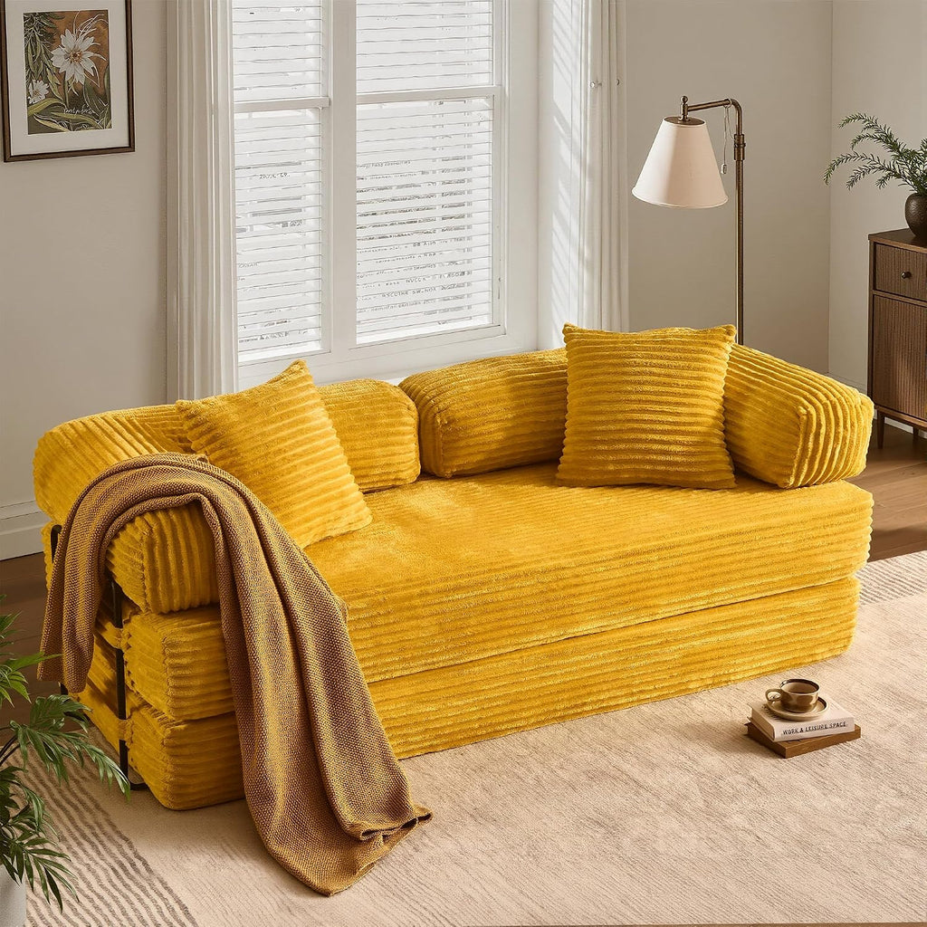 ovios 81' Folding Sofa Bed, Foldable Sleeper Boneless Couch with Pull Out Beds, Modular Convertible Floor Futon Loveseat Lounger for Living Room (Faux Fur, Yellow)