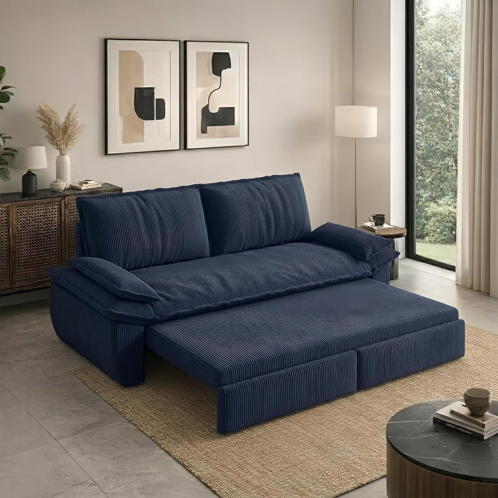 73.2' Sofa Bed Queen, 3-in-1 Pull Out Sofa Bed with Pillow Armrest, Modern Corduroy Convertible Sleeper Futon Sofa for Living Room Small Space, Apartment, Bedroom, Blue