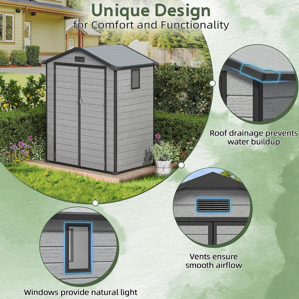 6×4FT Plastic Outdoor Storage Shed, Double Door Tool Shed with Vent, Lockable Door with Key, Storing Patio Furniture, Gardening Tools, and Bicycle Accessories