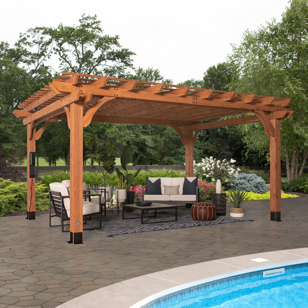 Backyard Discovery Beaumont 16 ft. x 12 ft. All Cedar Pergola Kit + Kotap 25 Pack 9 in. Black Ball Bungee Cord Tarp Tie-Down