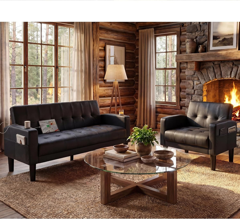 TYBOATLE Sofa Couch 62' W Loveseat w/ 2 USB Charger Ports & 2 Cupholders, Mid-Century Modern Black LeatherTufted Small Love Seat Couches for Office,Compact Living Room,Bedroom,Apartment,Dorm (2)