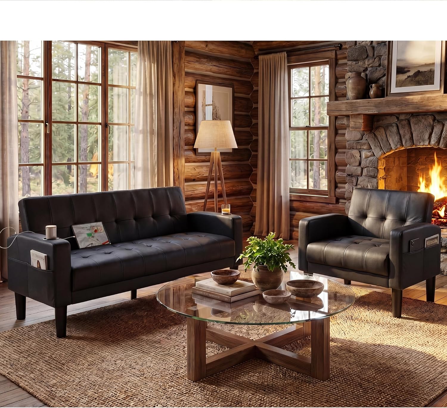 TYBOATLE Sofa Couch 62' W Loveseat w/ 2 USB Charger Ports & 2 Cupholders, Mid-Century Modern Black LeatherTufted Small Love Seat Couches for Office,Compact Living Room,Bedroom,Apartment,Dorm (2)