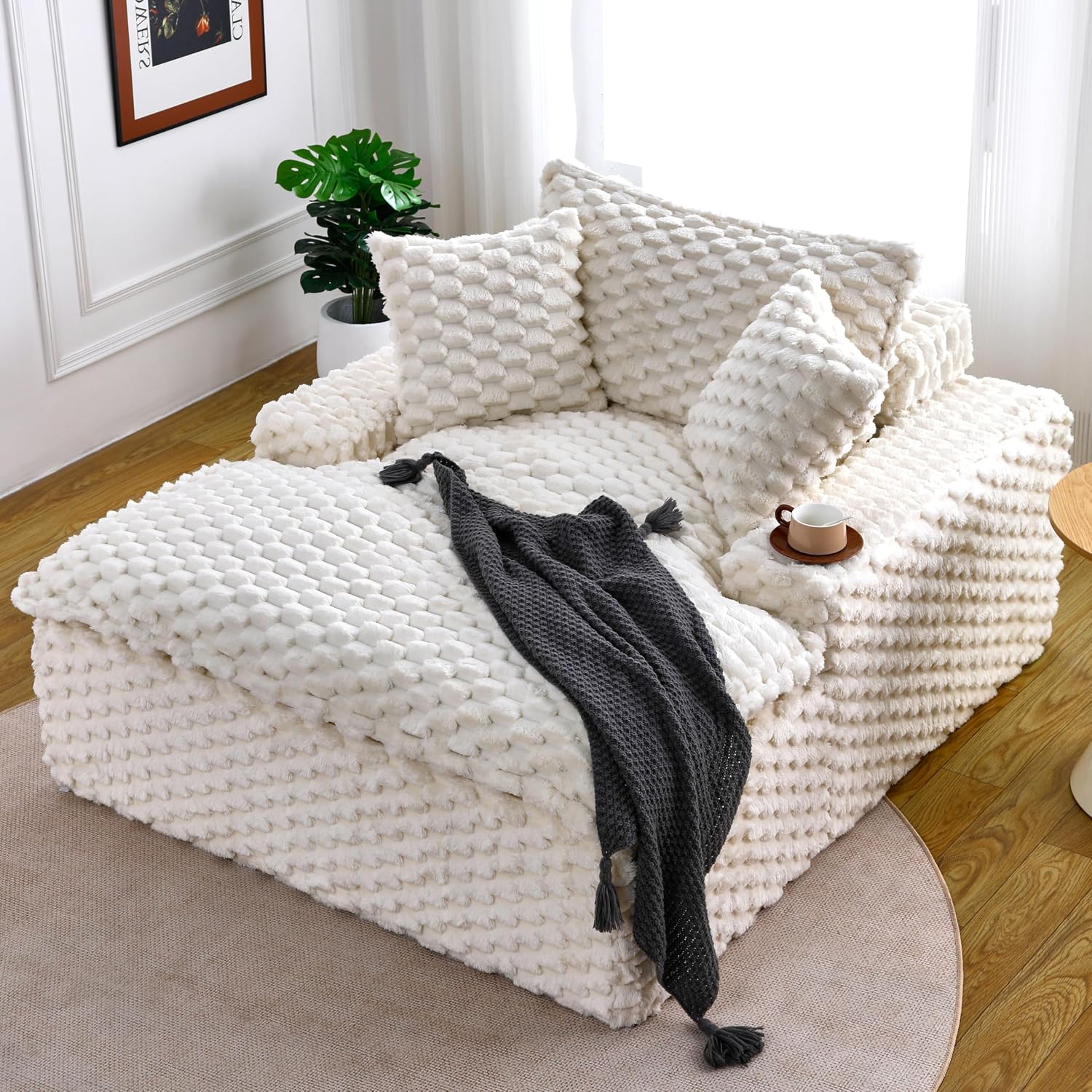 51 Inch Lounge Sofa, Boneless Cloud Couch for Living Room Bedroom, Comfy Reading Chair for Adults, Soft Textured Sleeper Chair with 2 Pillows, Frameless Floor Seating (White)