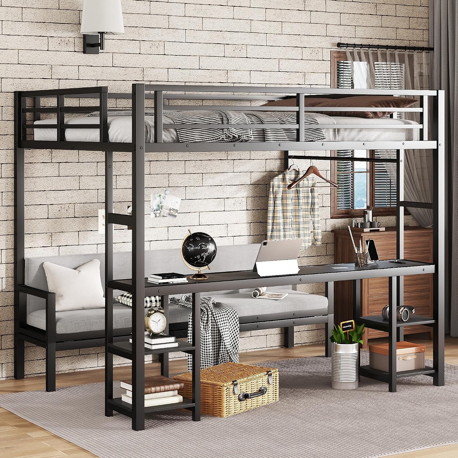Bellemave Futon bunk Bed Twin XL Over Queen, Queen loft Bed with futon and Desk and Shelves, LED, USB, Black