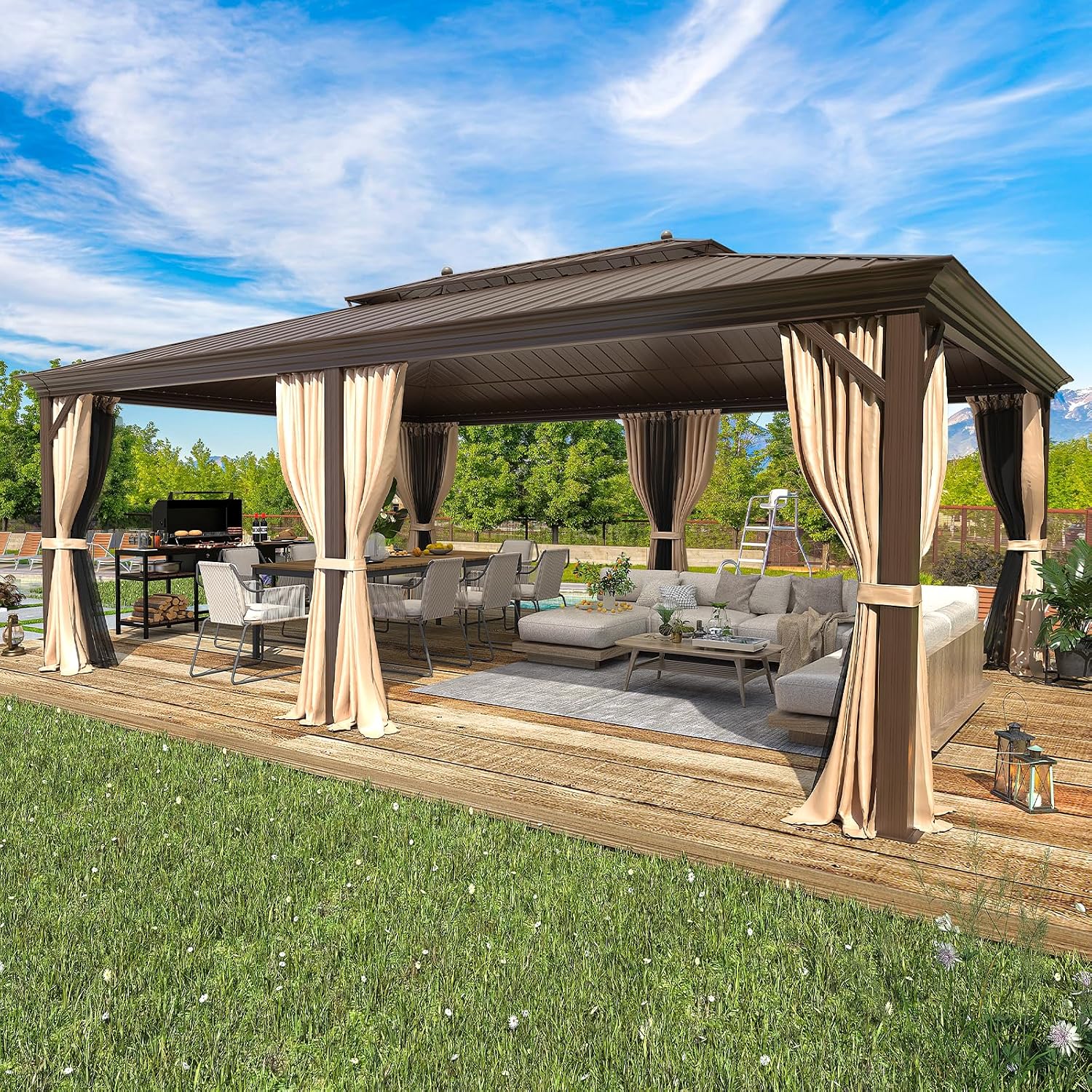 EROMMY 14'x20' Hardtop Gazebo Double Roof Galvanized Steel Canopy Outdoor Aluminum Frame Permanent Metal Pavilion with Netting and Curtains for Patio Backyard Deck and Lawns