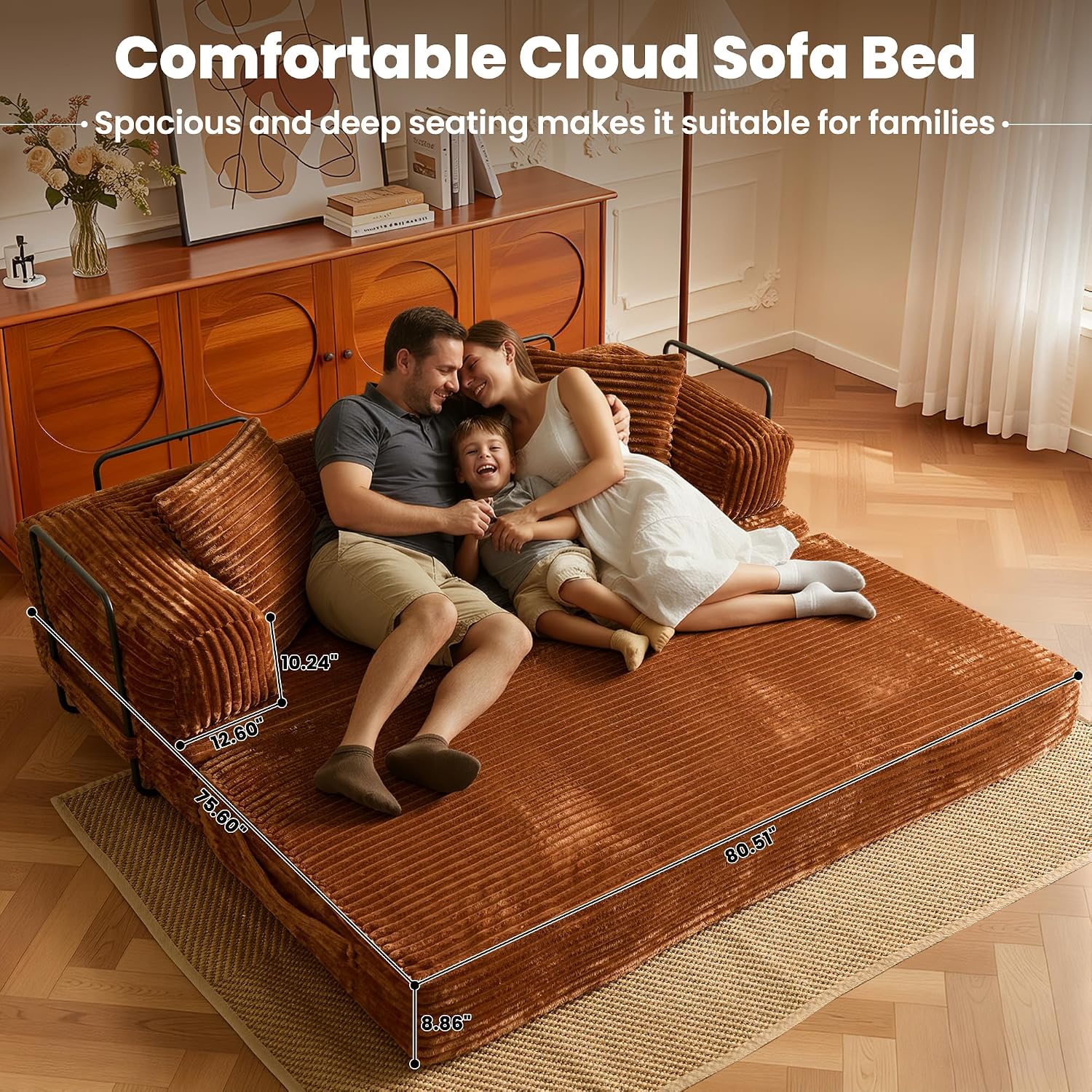 ovios 81' Folding Sofa Bed, Foldable Sleeper Boneless Couch with Pull Out Beds, Modular Convertible Floor Futon Loveseat Lounger for Living Room (Faux Fur, Brown)