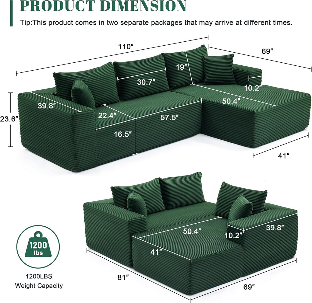 Mangodan 110' Cloud Sectional Couch, Boneless Sofa for Living Room, Modular Sectional Sofa with Deep Seat, Comfy Fluffy Couch with L-Shaped Chaise, No Assembly Required (Right-Facing Chaise, Green)