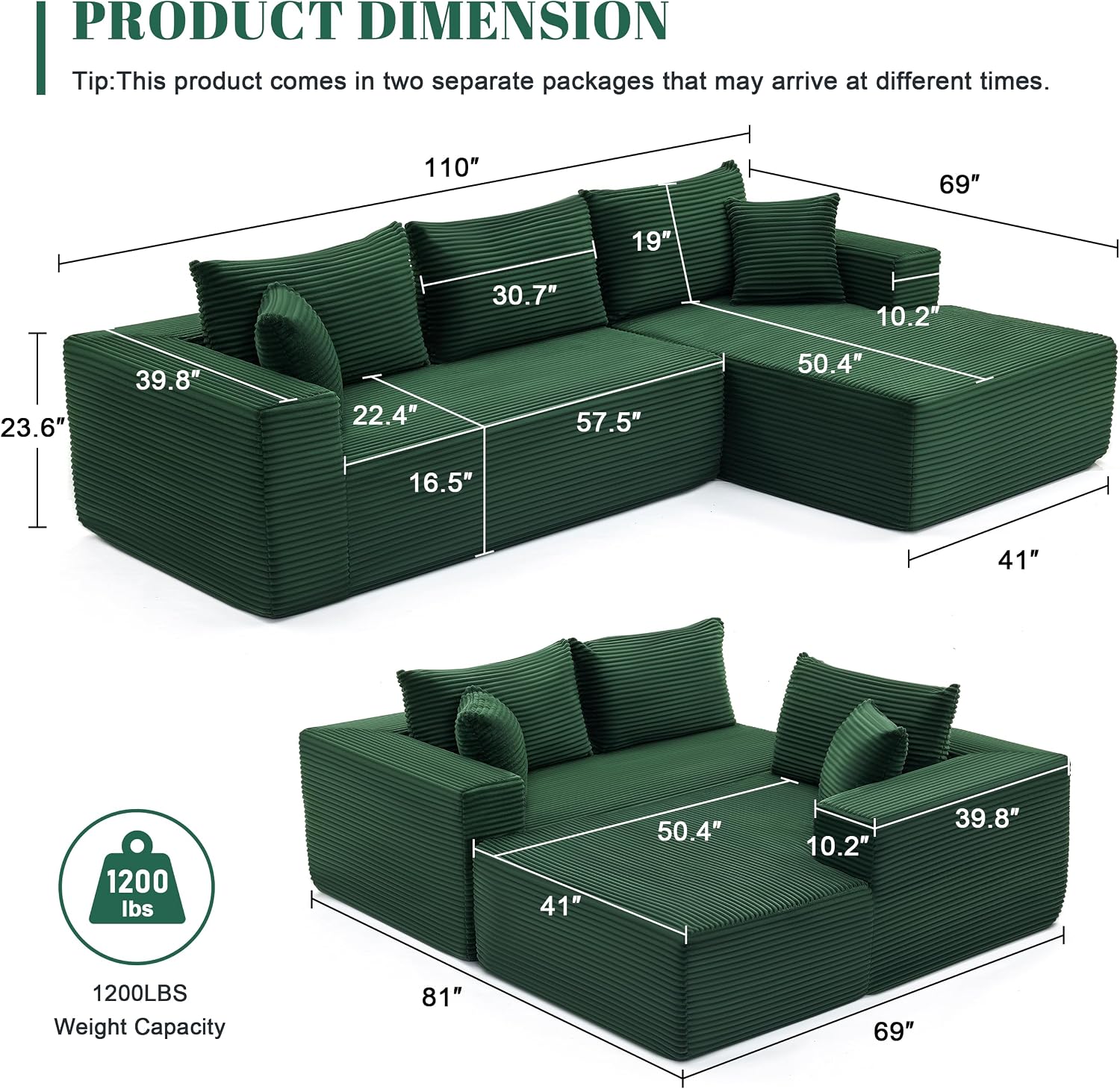 Mangodan 110' Cloud Sectional Couch, Boneless Sofa for Living Room, Modular Sectional Sofa with Deep Seat, Comfy Fluffy Couch with L-Shaped Chaise, No Assembly Required (Right-Facing Chaise, Green)