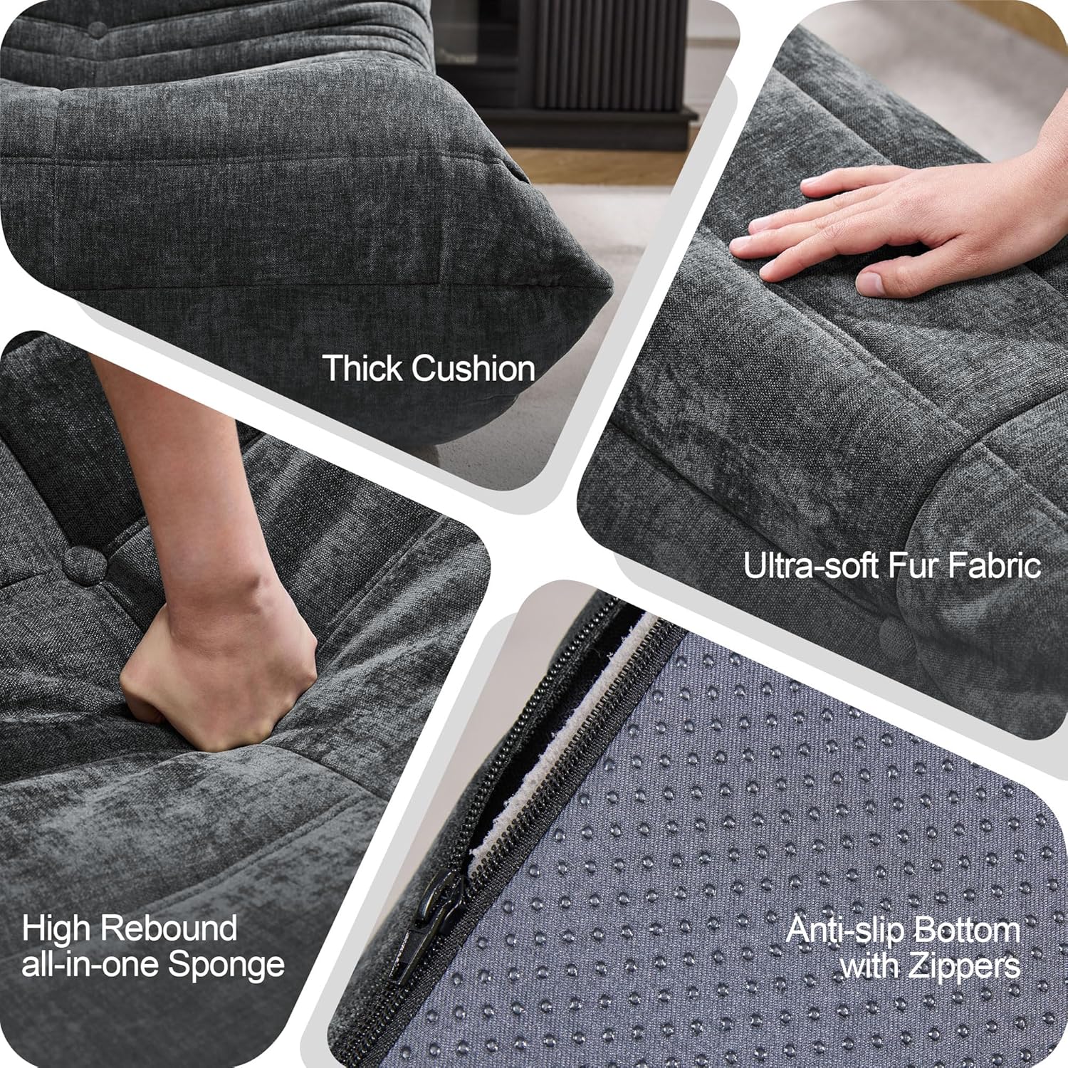 Bean Bag Chairs for Adults Giant Bean Bag Chair Memory Foam BeanBag Chair Bean Bag Sofa with Filler Faux Fur Fireside Beanbags Lazy Sofa for Living Room Bedroom Office (Darkgrey Chenille, 3-Seater)