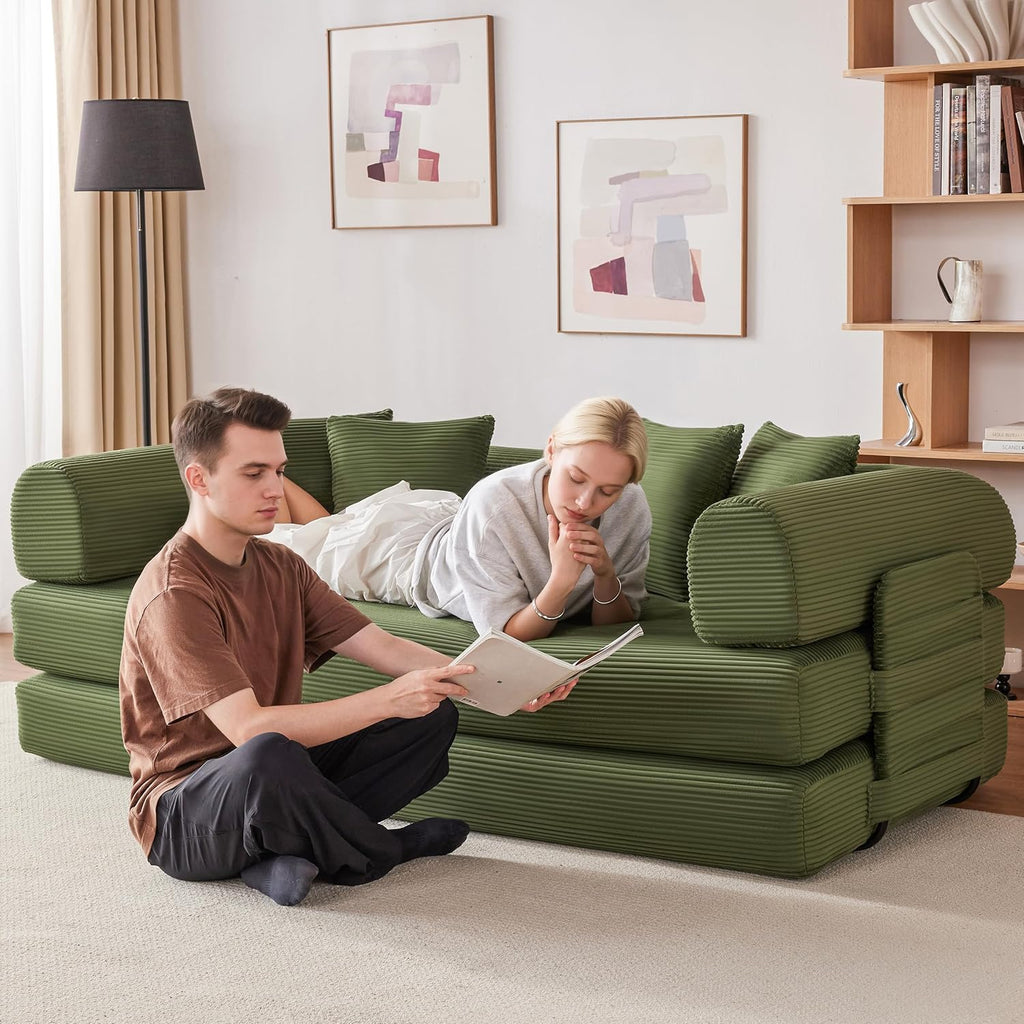 78 Inch Corduroy Convertible Sleeper Sofa Bed, 4-in-1 Oversized Futon Boneless Couches for Living Room with Fixed-Shape Frame, Loveseat Sleeper with Pull Out Bed, No Assembly, Olive Green
