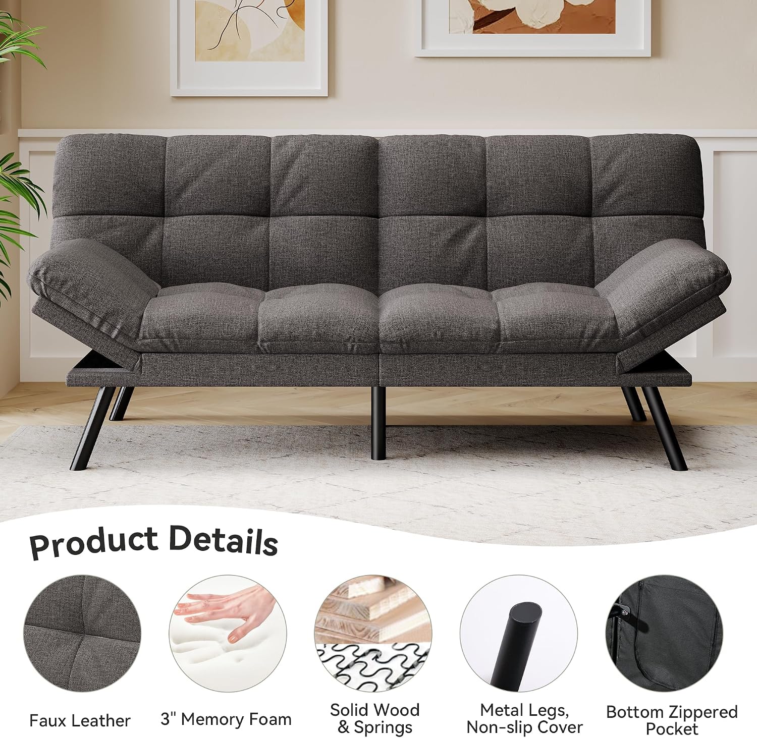 Convertible Futon Sofa Bed,Grey Linen Modern Futon Couch,Memory Foam Loveseat Sleeper Recliner,Detachable Cushion,Adjustable Backrest & Armrest,Couch for Living Room,Office,Apartment