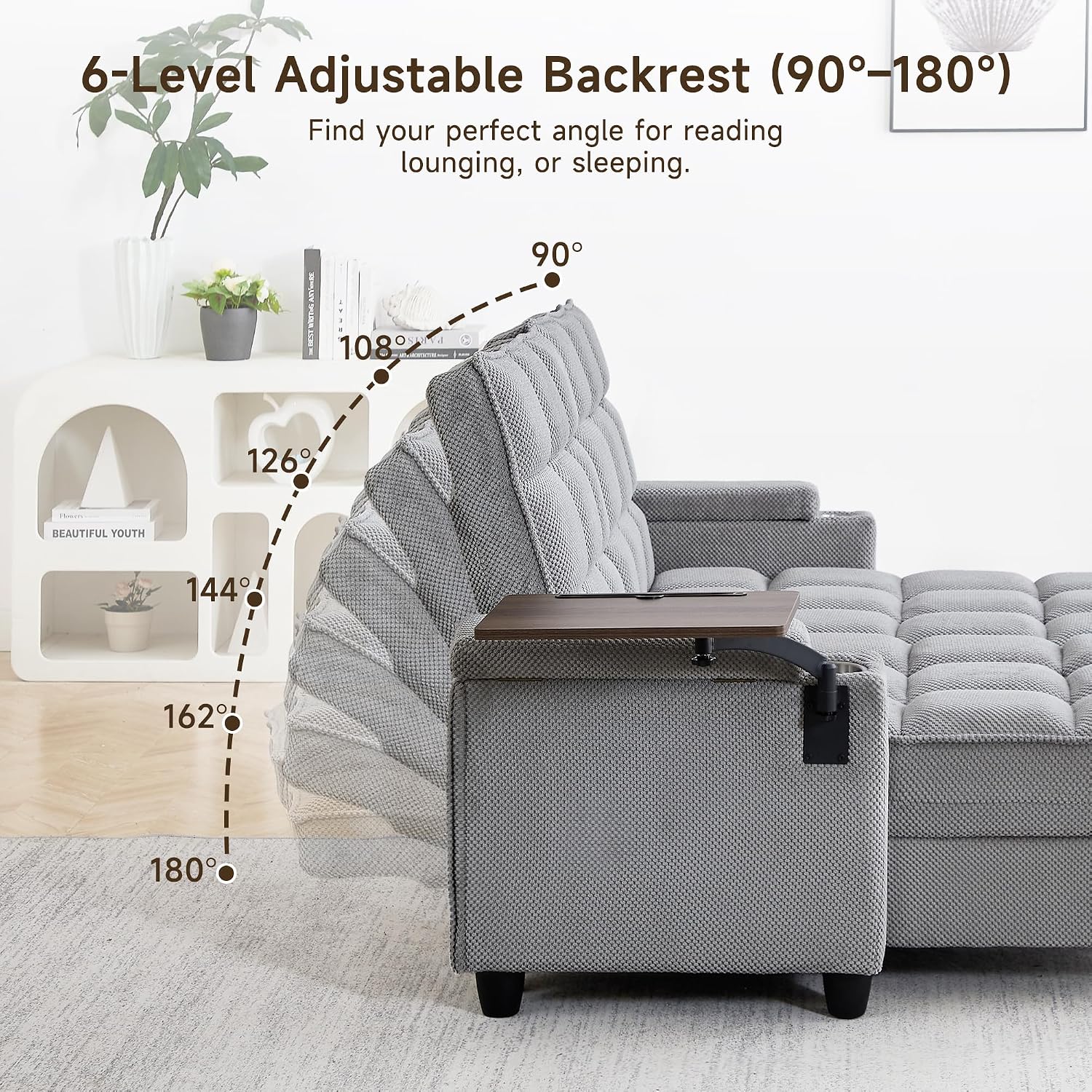 70.9' Chaise Lounge Chair Indoor, Oversized Boucle Upholstered Sofa Bed, Adjustable Backrest Deep Seat Reading Chair, Sofas Couches for Living Room with Storage, Cup Holders and 360° Swivel Side Table