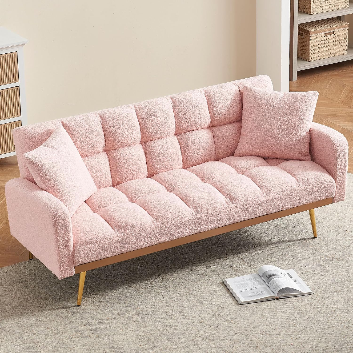 Comfy Futon Sofa Bed with 2 Pillows, Pink Futon Couch Bed with Gold Legs, Small Convertible Sofa Bed Couch for Living Room, Modern Loveseat for Bedroom, Curved Arms, Plush Tufted-Shaped,Teddy (Pink)