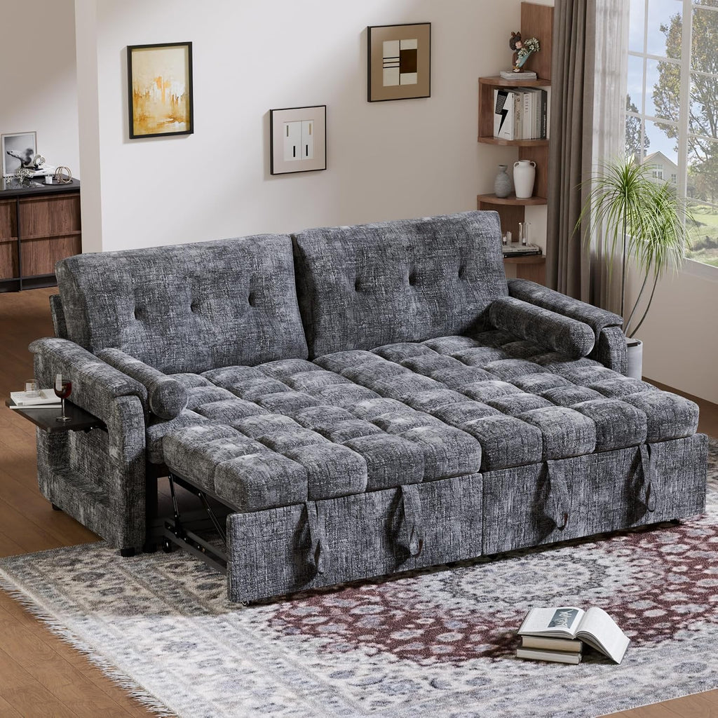 Convertible Sleeper Sofa Bed, 86 Inch Chenille Pull Out Couch with Side Table & Adjustable Backrest, Sectional Sleeper Sofa with Pull Out Bed for Living Room, Apartment, Gray