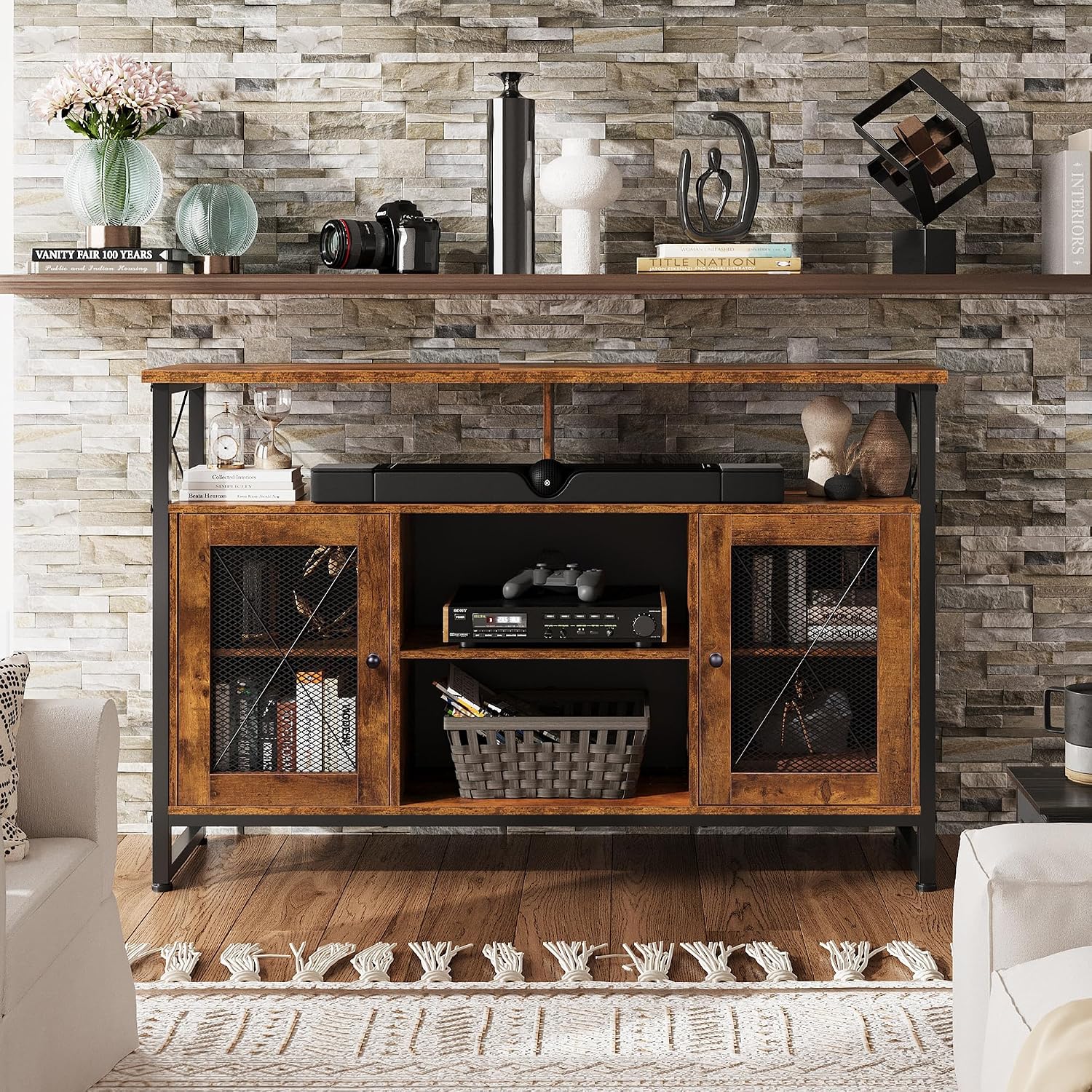 WLIVE TV Stand 55 inch TV, Tall Entertainment Center with Storage, Farmhouse Industrial TV Console for Bedroom Living Room, Rustic Brown