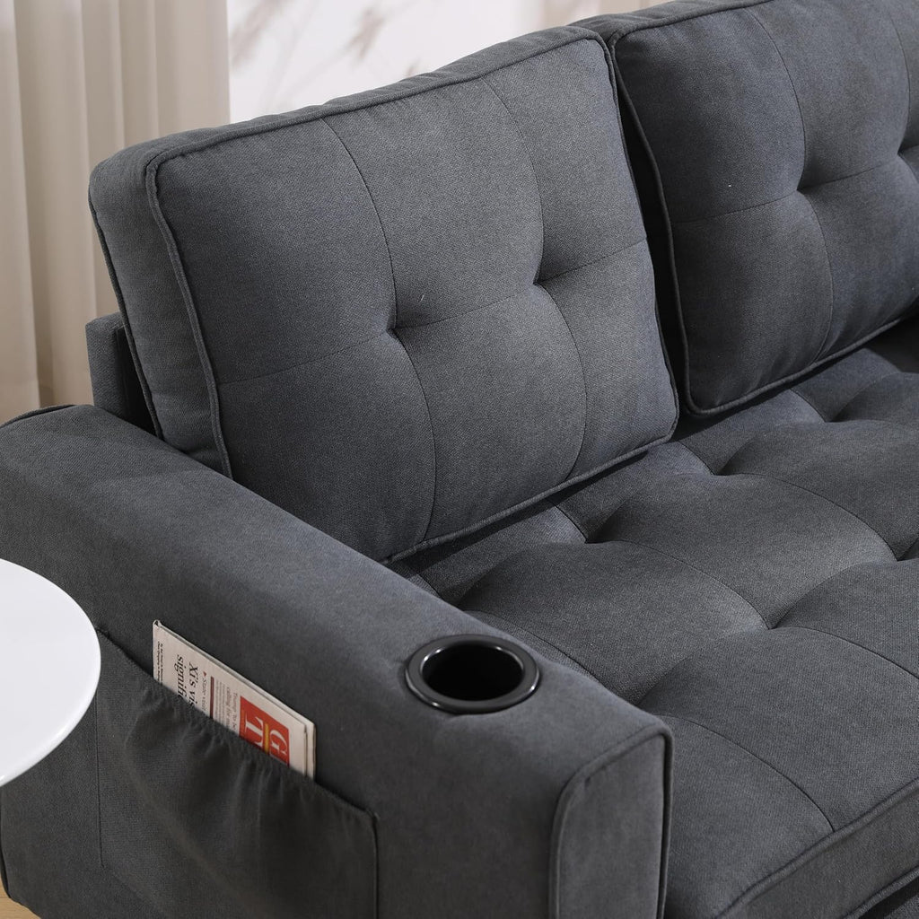 Merax Futon Sofa Bed, 3 in 1 Convertible Loveseat Sleeper with Pull Out Bed, Foldable Tufted Sofa Bed Couch W/Cup Holder and Side Pockets, for Living Room, Bedroom, Office, Dark Gray