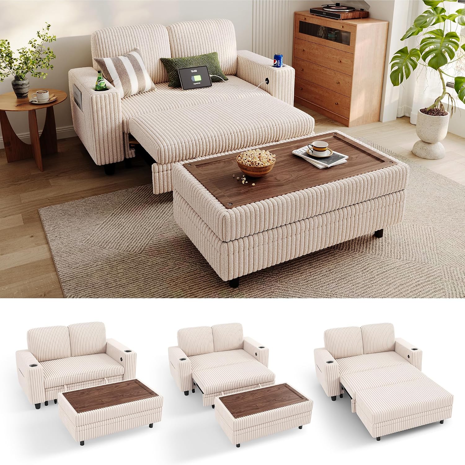 LINSY HOME Sectional Sleeper Sofa with Pull Out Couch Bed for Living Room (Beige) | Plush Corduroy, Storage Ottoman, Storage Chaise, Pull Out Couch, USB Charging