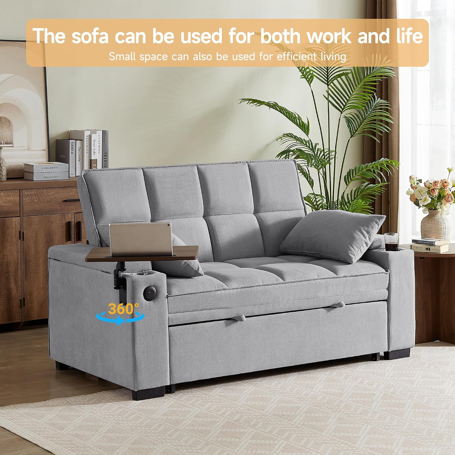 hansones 66' Multi-Functional Pull-Out Sofa Bed with Hidden Side Table, Storage Armrests, Built-in Charging Port, Spring Mattress, Solid Wood Frame – Ideal for Small Spaces, Easy Assembly