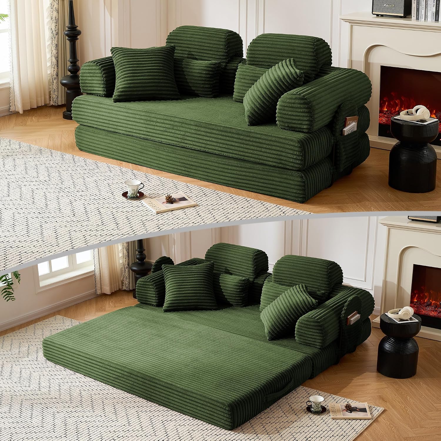 79' Sofa Bed, Deep Seat 32' Sleeper Sofa, 5-in-1 Convertible Sofa Bed, Boneless Couch in a Box, Corduroy Floor Futon with Thickened backrest and Headrest Pillows, Side Pockets, Dark Green