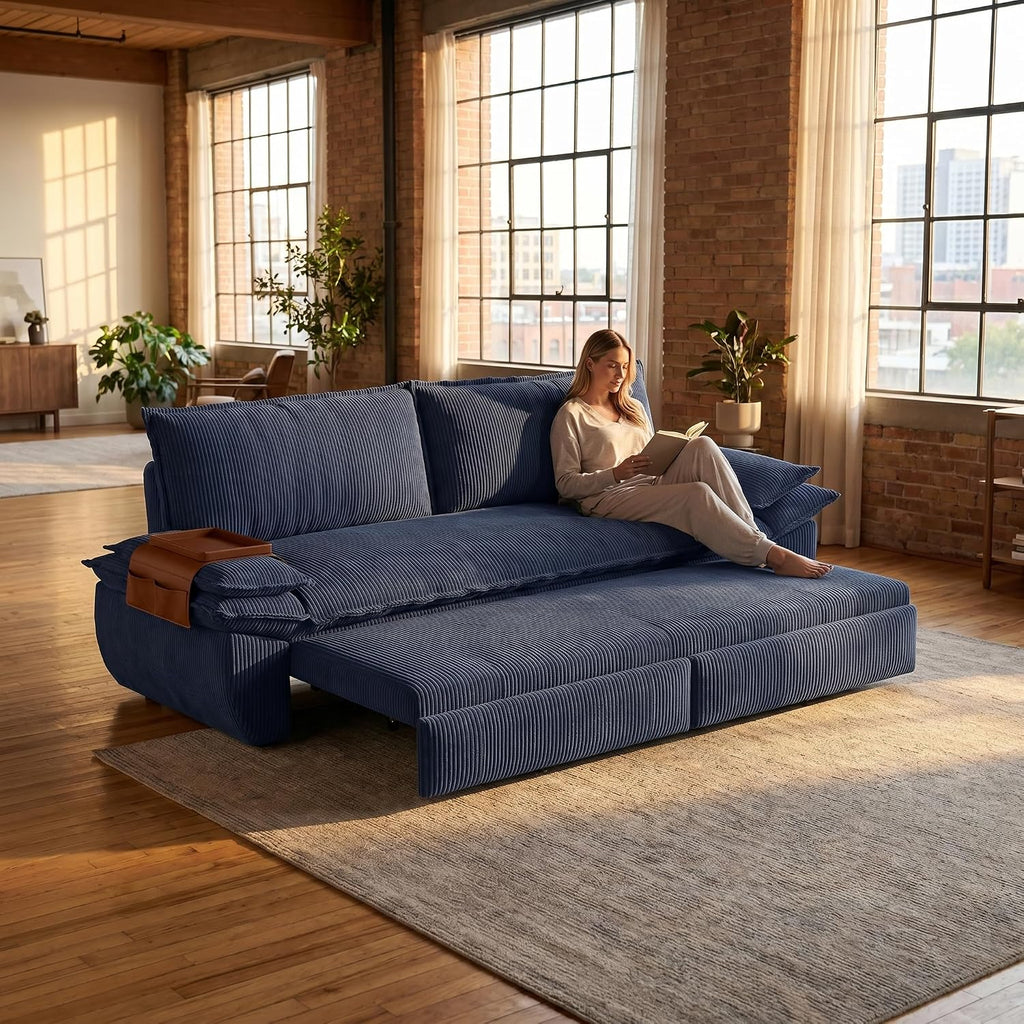 73.2' Sofa Bed Queen, 3-in-1 Pull Out Sofa Bed with Pillow Armrest, Modern Corduroy Convertible Sleeper Futon Sofa for Living Room Small Space, Apartment, Bedroom, Blue