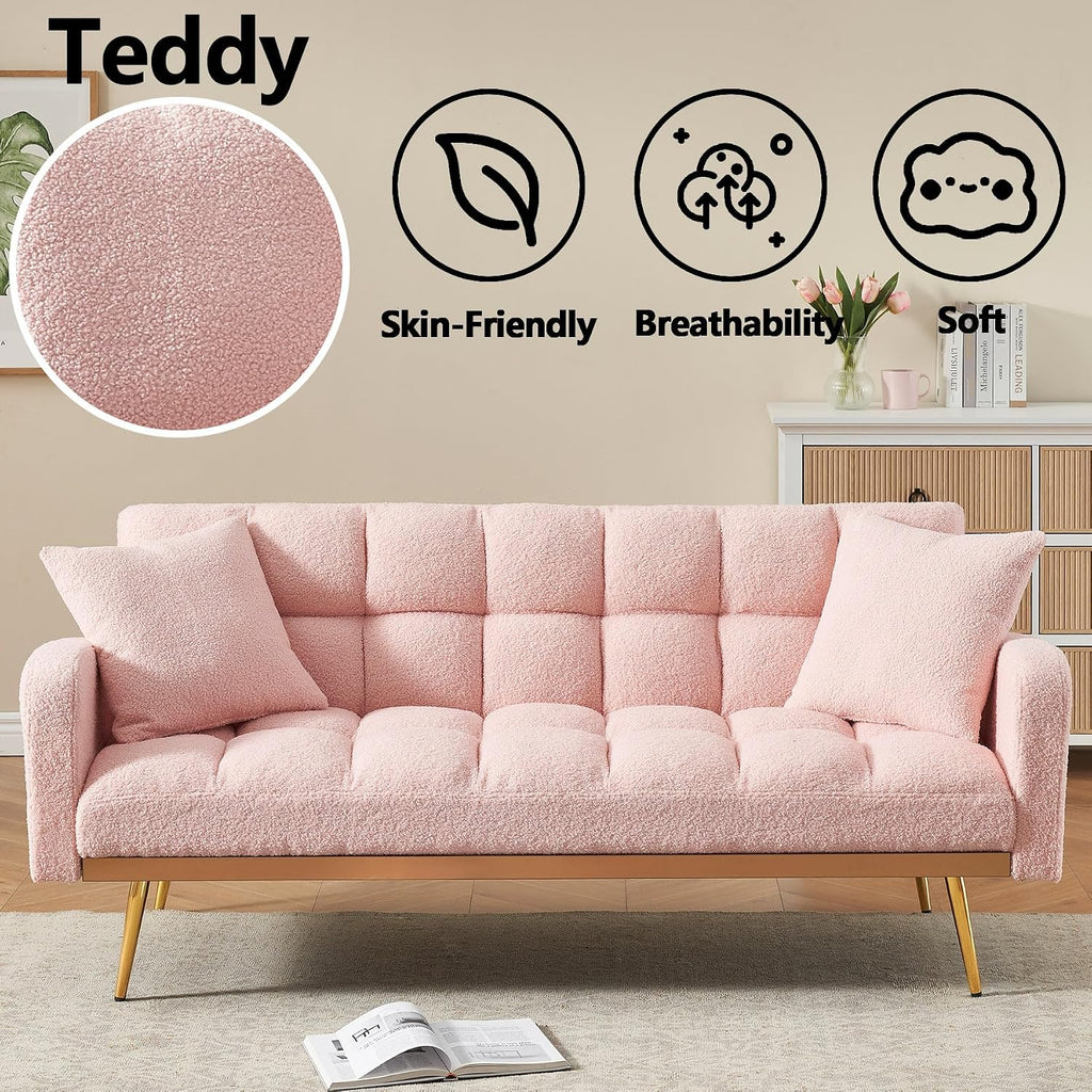 Comfy Futon Sofa Bed with 2 Pillows, Pink Futon Couch Bed with Gold Legs, Small Convertible Sofa Bed Couch for Living Room, Modern Loveseat for Bedroom, Curved Arms, Plush Tufted-Shaped,Teddy (Pink)