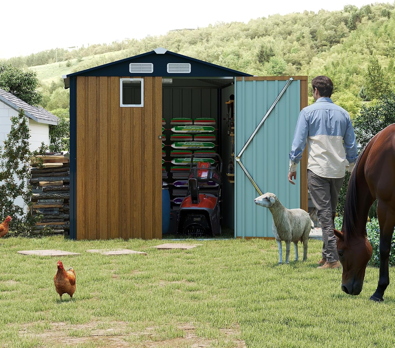 6x8 FT Outdoor Metal Storage Shed with Lockable Door, Steel Garden Utility Shed with Vents and Window, Backyard Patio Tool Shed for Lawn Equipment, Bike, Firewood and Mower Storage, Brown