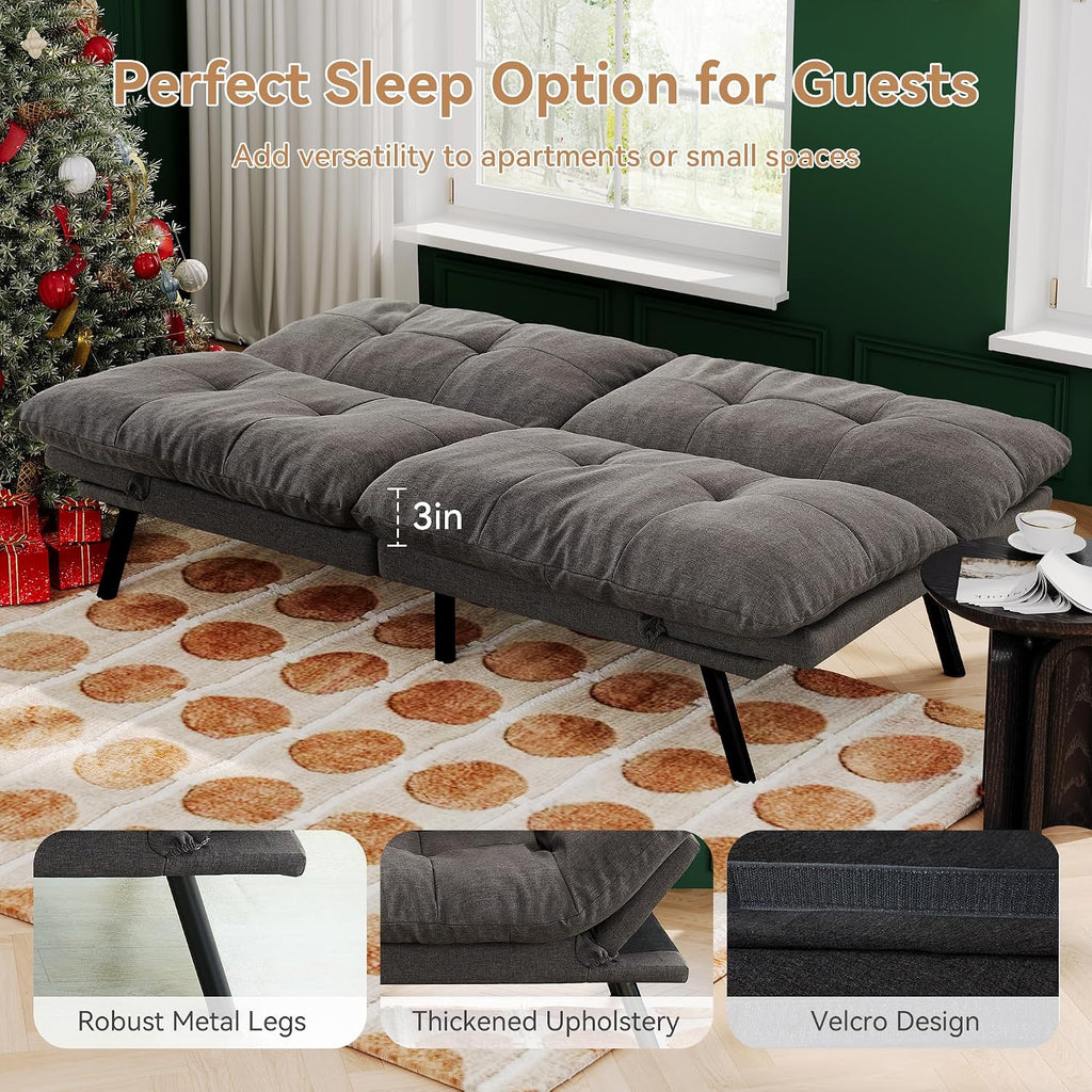 Convertible Futon Sofa Bed,71' Modern Fabric Futon Couch with Adjustable Backrest&Armrest,Small Loveseat Sleeper Sofa,Dorm Futonsofa for Apartment,Living Room,Detachable Cushions,Flint Grey