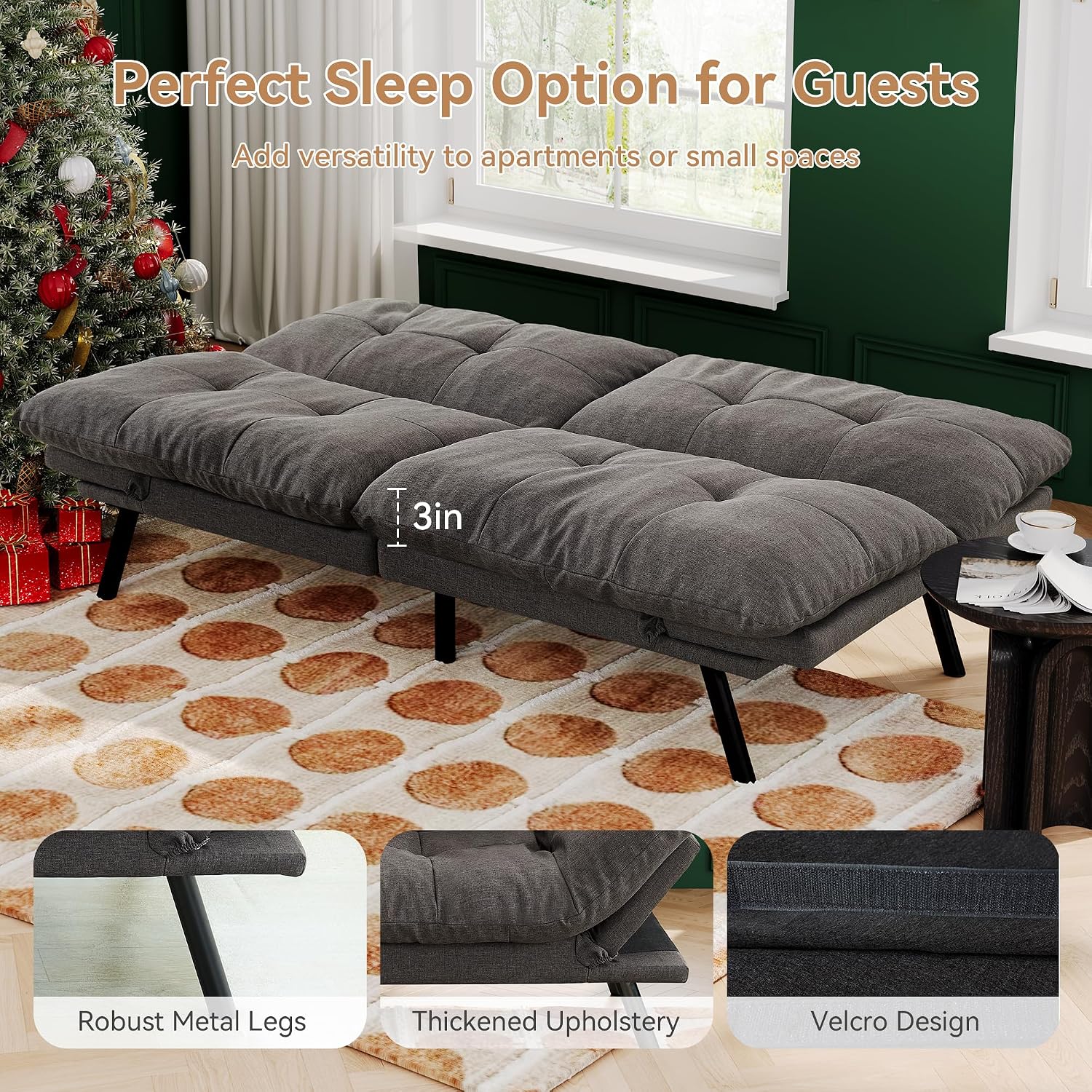 Convertible Futon Sofa Bed,71' Modern Fabric Futon Couch with Adjustable Backrest&Armrest,Small Loveseat Sleeper Sofa,Dorm Futonsofa for Apartment,Living Room,Detachable Cushions,Flint Grey