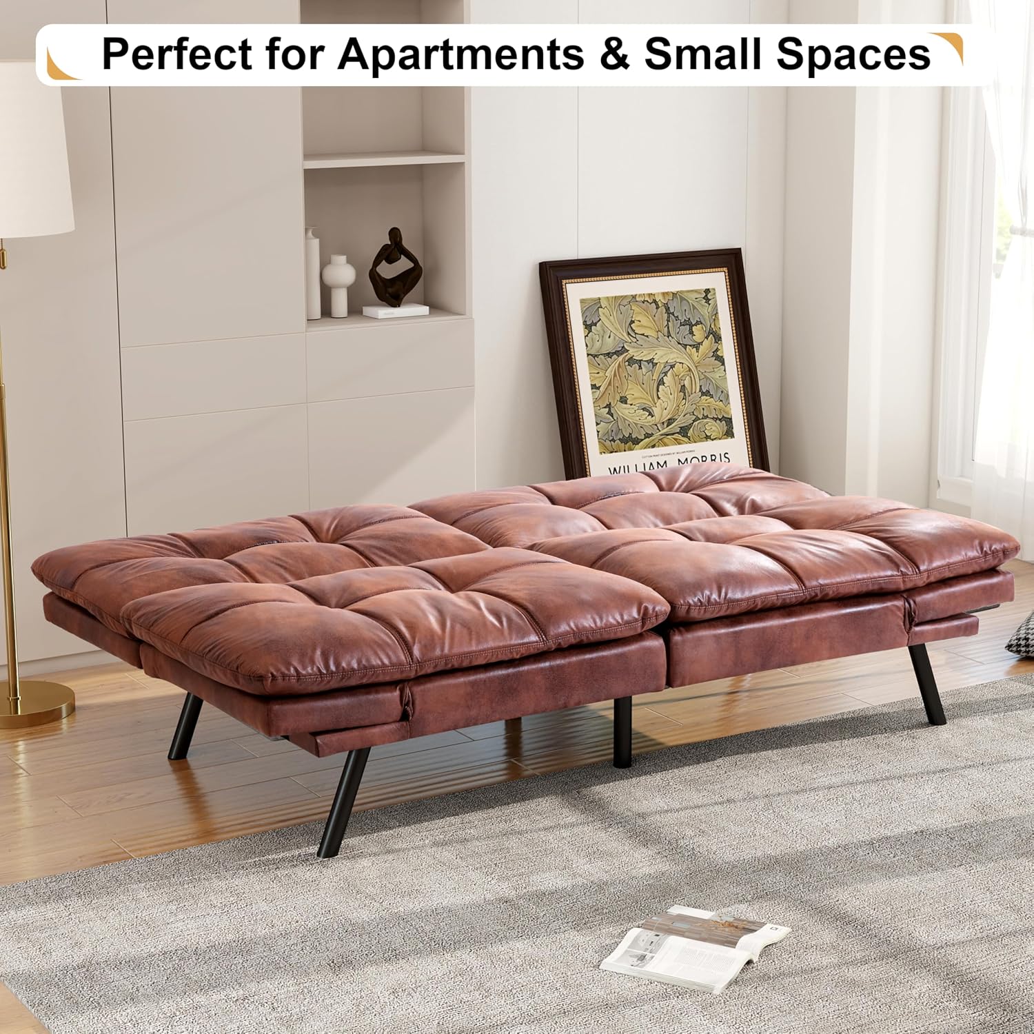 71' Futon Sofa Bed, Memory Foam Convertible Faux Leather Futon Couch Beds with Adjustable Armrest Backrest, Multi-Functional Folding Sleeper Sofa Bed for Living Room, Apartment, Brown