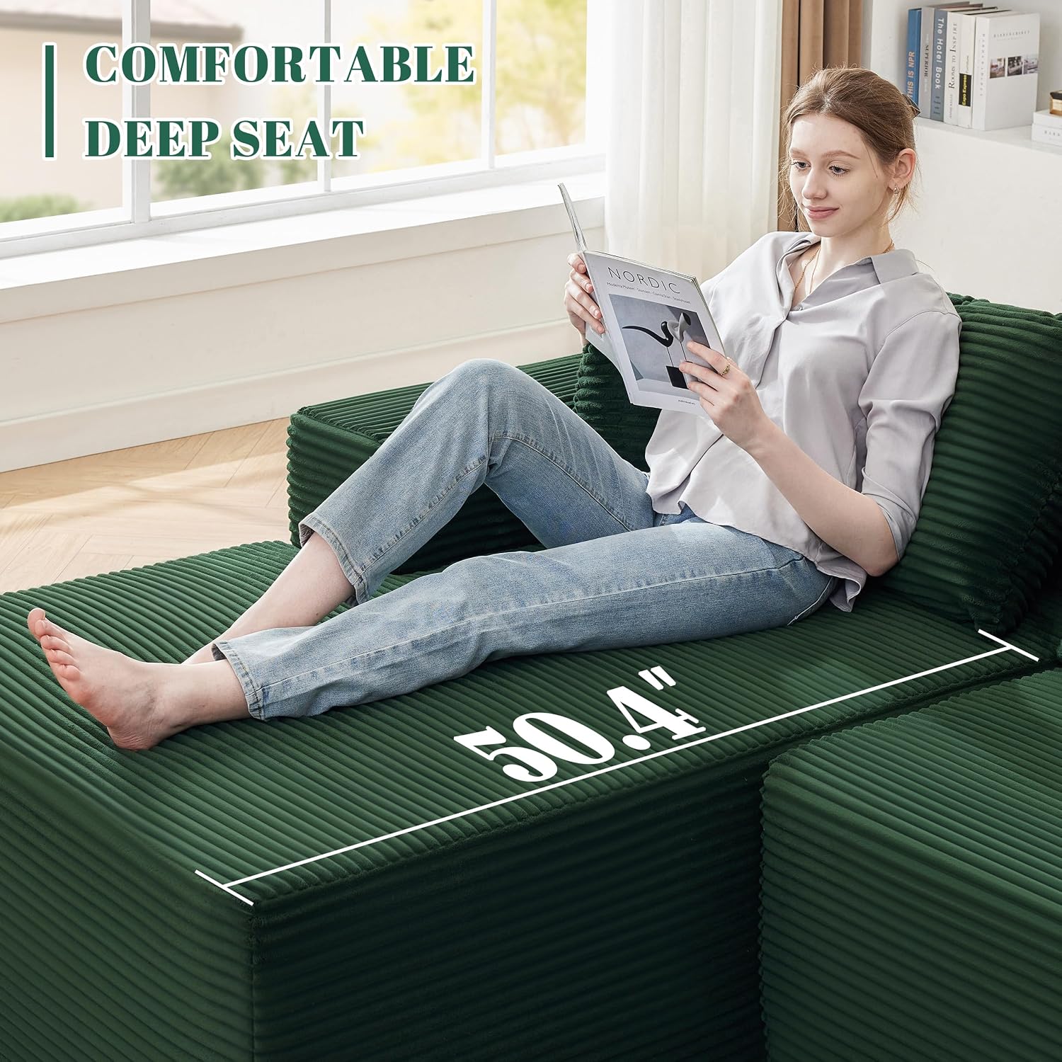 Mangodan 110' Cloud Sectional Couch, Modular Sectional Sofa for Living Room, Boneless Sofa with Deep Seat, Comfy Fluffy Couch with L-Shaped Chaise, No Assembly Required (Left-Facing Chaise, Green)