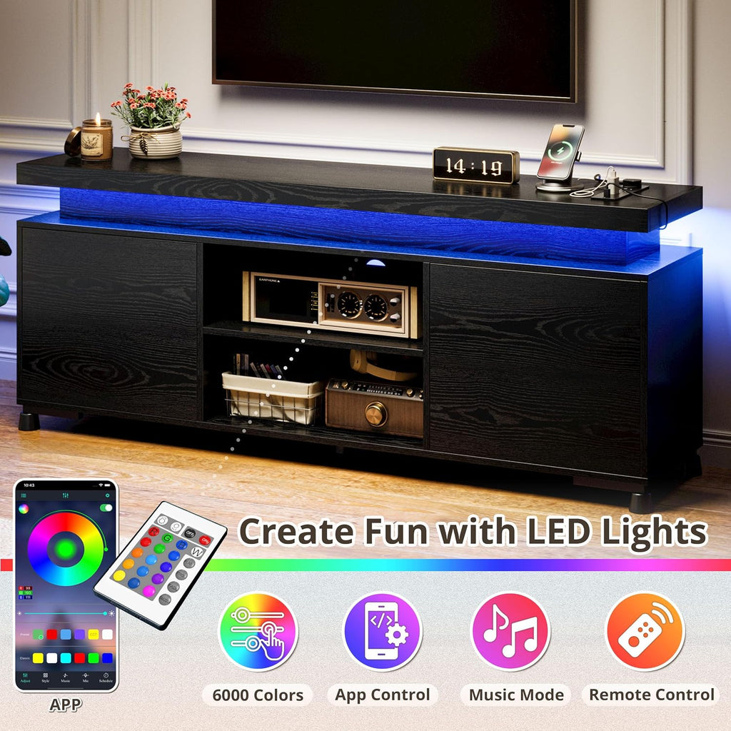 IRONCK TV Stands for TVs 65+ Inch with LED Lights and Power Outlet, Modern TV Console Entertainment Center with Storage Cabinet for Living Room