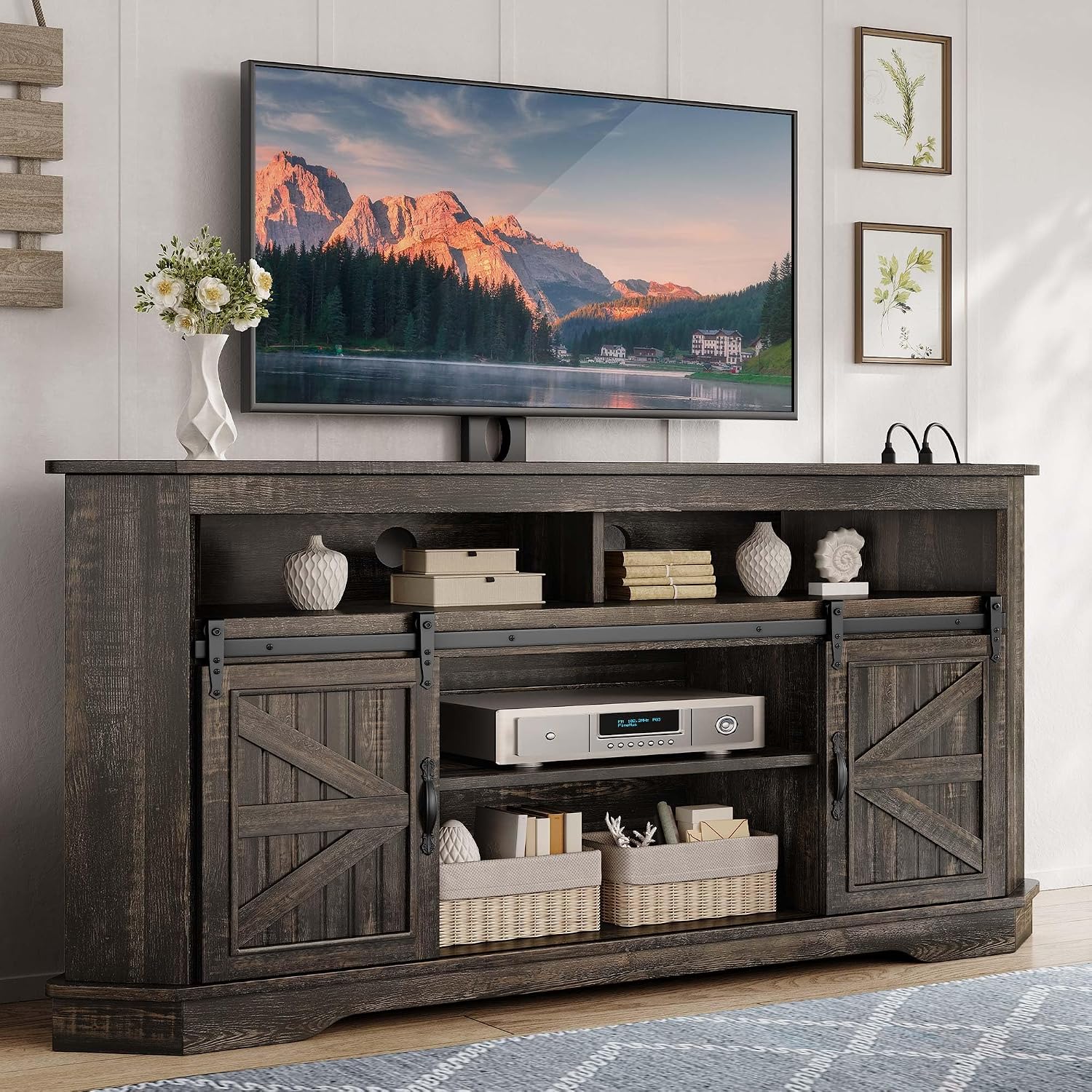 YITAHOME Farmhouse TV Stand with Mount & Power Outlet for 70 Inch TV, Corner Entertainment Center with Sliding Barn Doors, TV Media Console Table with Storage, Living Room, 63 Inch, Dark Rustic Oak