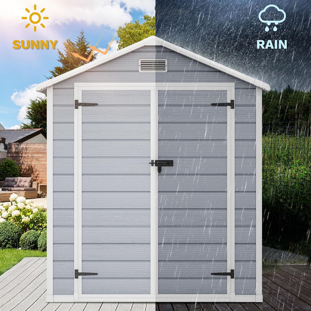 DWVO 6x4.4 FT Outdoor Resin Storage Shed with Reinforced Floor, All-Weather Bike Storage Shed with Lockable Door, Window and Vent, Waterproof Plastic Tool Storage for Garden, Backyard, Patio, Lawn