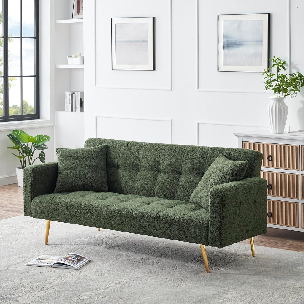 KEIKI 72' Folding Futon Sofa Couch w/Adjustable Backrest, Mid Century Modern Loveseat Convertible to Sleeper Bed, Small Comfy Teddy Cloud Couch SofaBed for Living Room & Bedroom, 2 Pillows, Green
