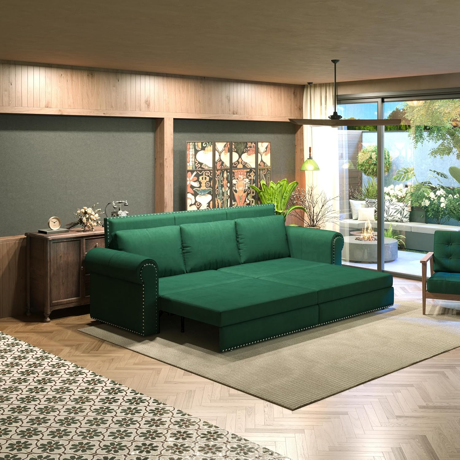 93.7' King Pull Out Sofa Bed, Velvet Sleeper Sofa Couch, 3 in 1 Convertible Futon Couches for Living Room, Small Space, Apartment, Office, Bedroom, Modern Rivet Armrest, Green