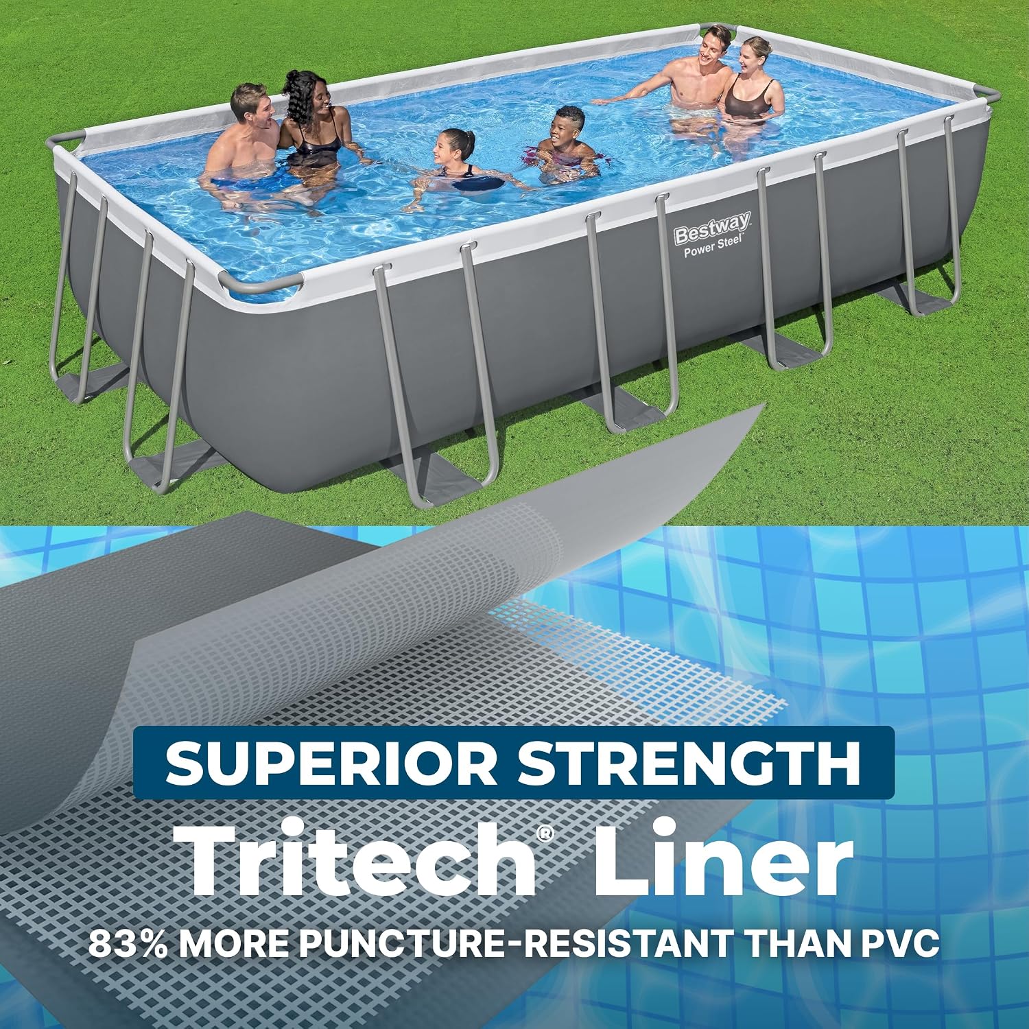 Bestway Power Steel 18' x 9' x 48' Above Ground Pool, Rectangular Metal Frame Outdoor Swimming Pool Set with Filter Pump, Ladder, and Cover