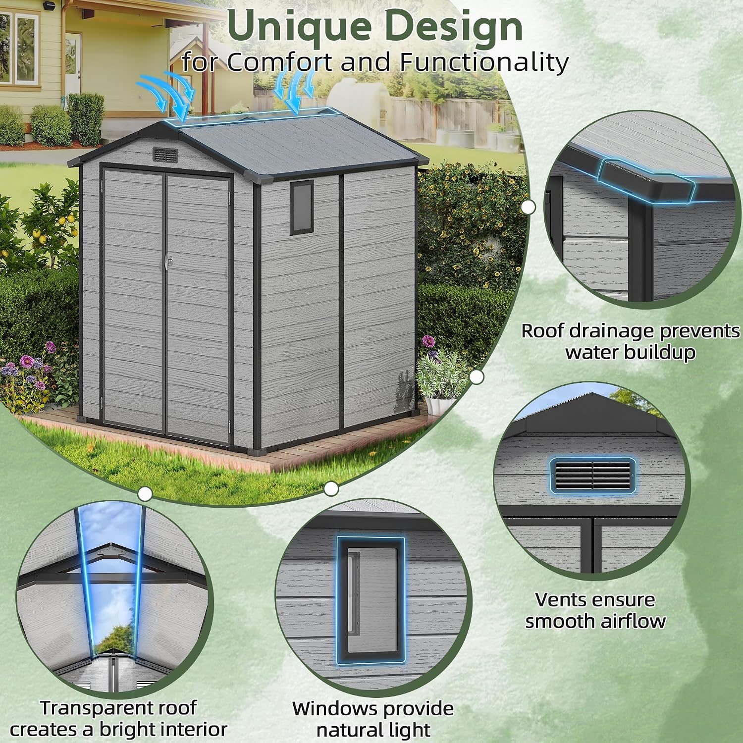 6X6 FT Plastic Outdoor Storage Shed, Double Door Tool Shed with Vent, Lockable Door with Key, Storing Patio Furniture, Gardening Tools, and Bicycle Accessories