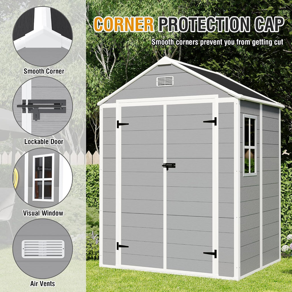 6x5 FT Outdoor Storage Shed, Plastic Garden Shed with Floor, Resin Storage Shed with Window, Waterproof Outside Tool Shed with Lockable Hinged Doors & Air Vents for Backyard, Patio, Lawn, Gray