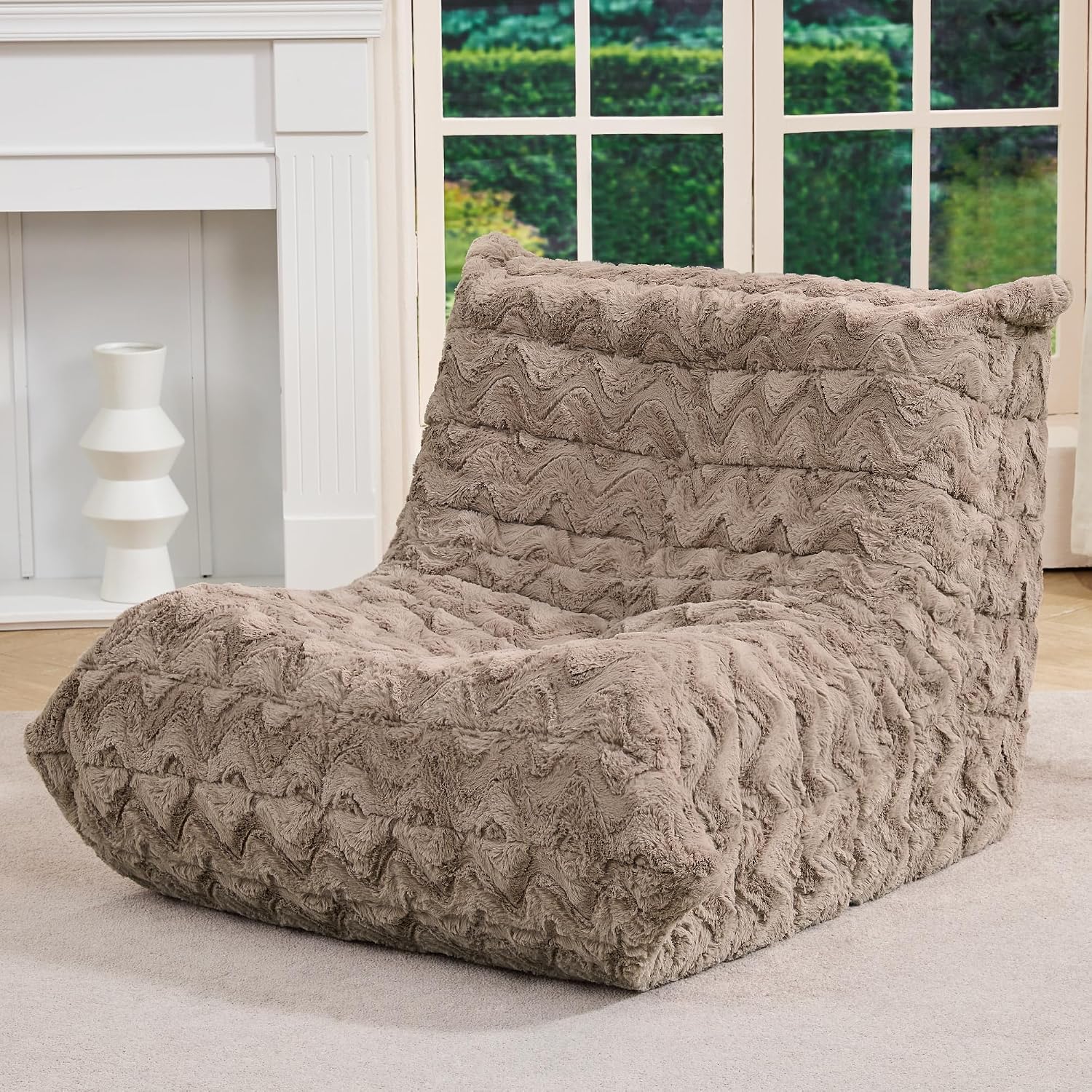Bean Bag Chairs for Adults Giant Bean Bag Chair Memory Foam BeanBag Chair Bean Bag Sofa with Filler Faux Fur Fireside Beanbags Lazy Sofa for Living Room Bedroom Office (Brown Chevron, Single)