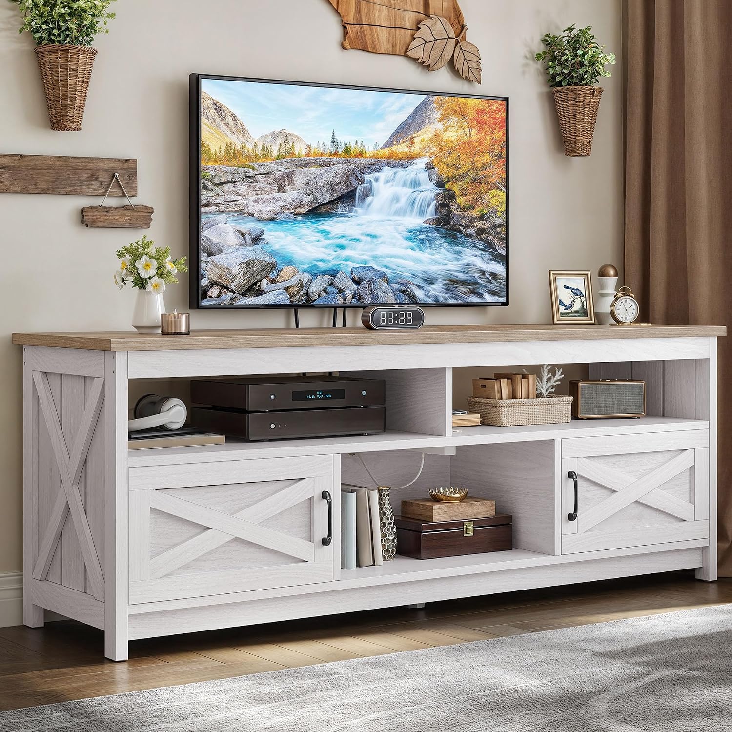 YITAHOME Farmhouse TV Stand for 65/75 Inch Television, Entertainment Center Television Stand with Power Outlets and Open Shelf, Media Console TV Cabinet for Living Room, Grey White/Grey Wash