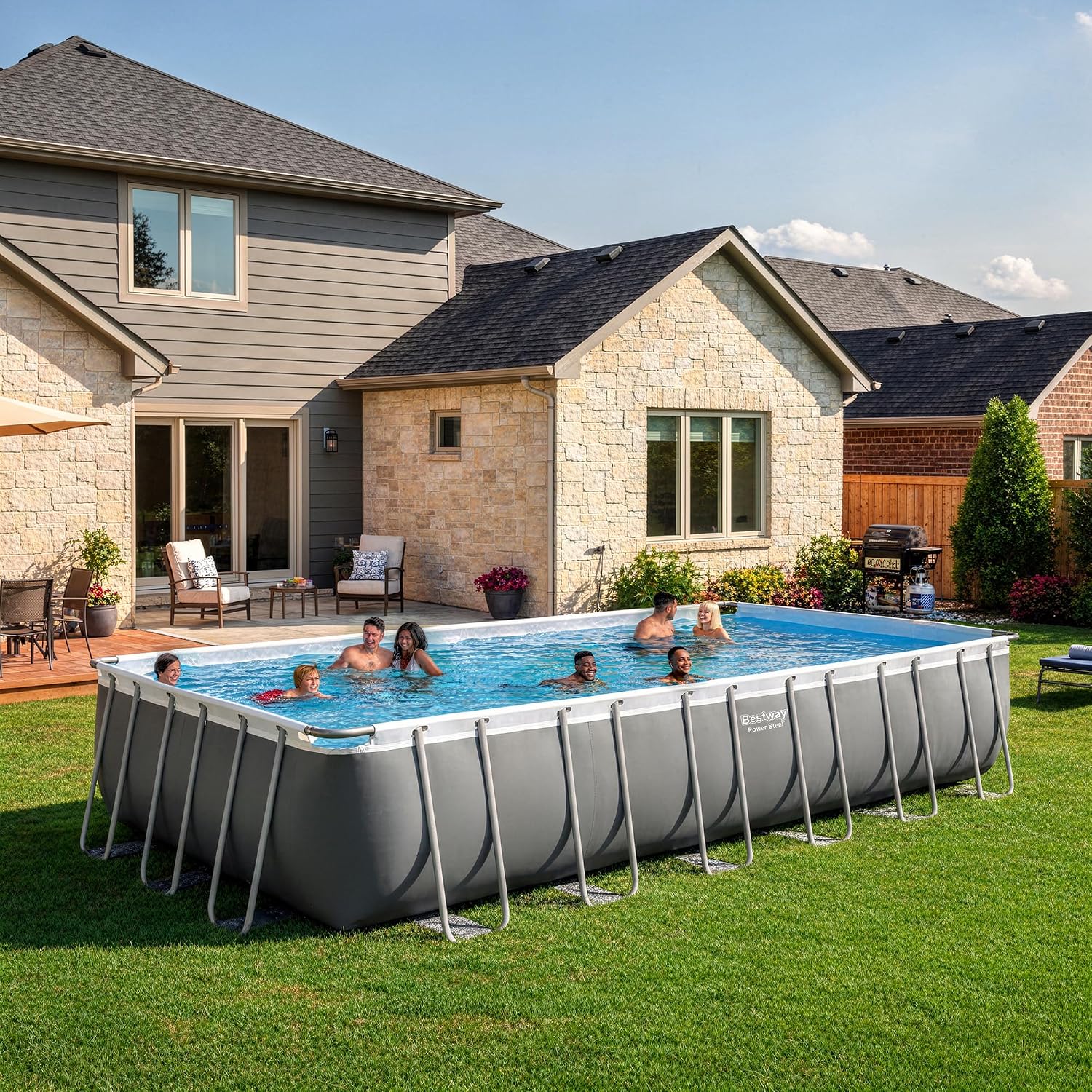 Bestway Power Steel 24' x 12' x 52' Above Ground Pool, Rectangular Metal Frame Outdoor Swimming Pool Set with Sand Filter Pump, Ladder, and Cover