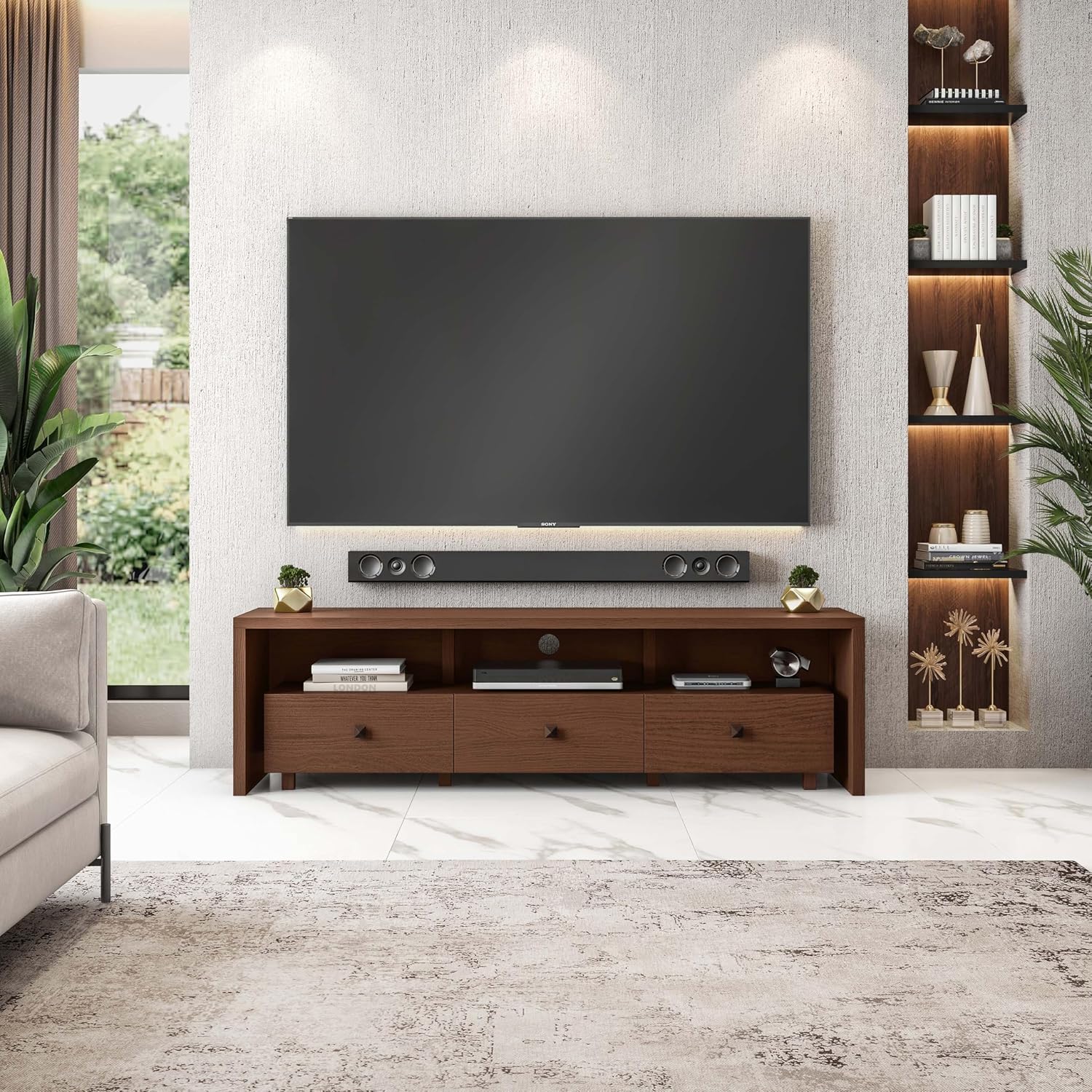 Elegant 80' TV Stand with Three Cabinets and Storage, Modern Entertainment Center with Cable Management Fits Screens up to 80' When Measured Diagonally