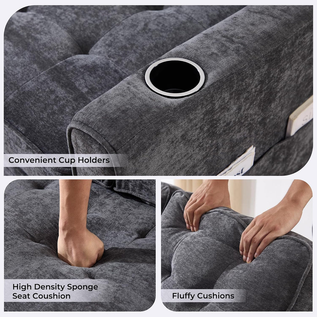 Convertible Sofa Bed, Pull Out Loveseat Sleeper Couch,Linen Fabric 2 in 1 Folding Couch Bed, Fold Out Floor Futon Couches with Cup Holder for Living Room, Bedroom,Small Space, Dark Grey