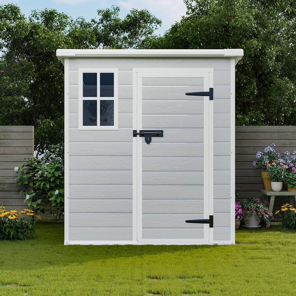 6x6 FT Oudoor Storage Shed, Plastic Garden Shed with Floor, Resin Storage Shed with Window, Waterproof Outside Tool Shed with Lockable Hinged Door & Air Vent for Backyard, Patio, Lawn, Gray