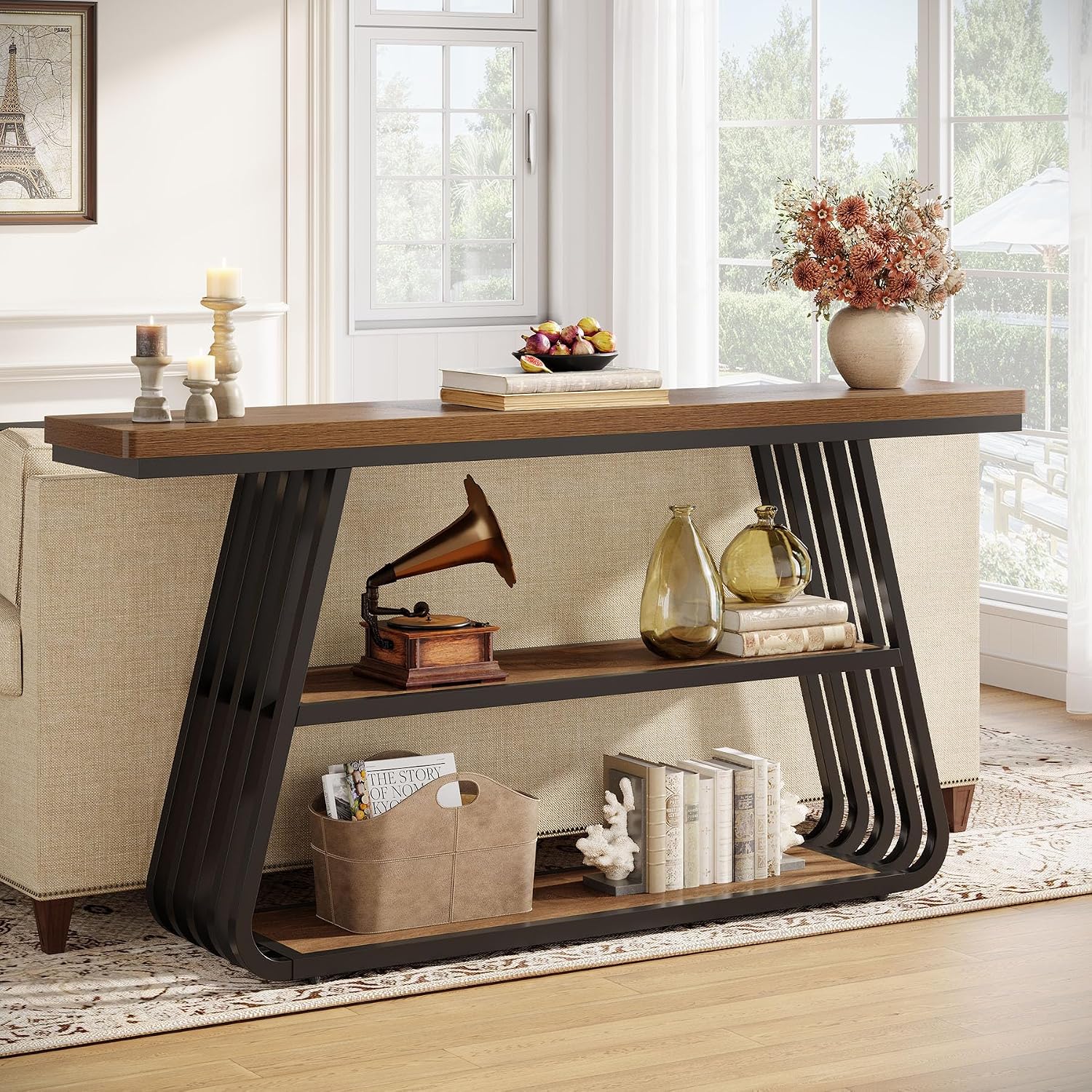Tribesigns 55' Entryway Table with Shelves, 3-Tier Console Table Sofa Table with Iron Frame, Wooden Entry Table for Living Room, Foyer, Hallway, Industrial Style