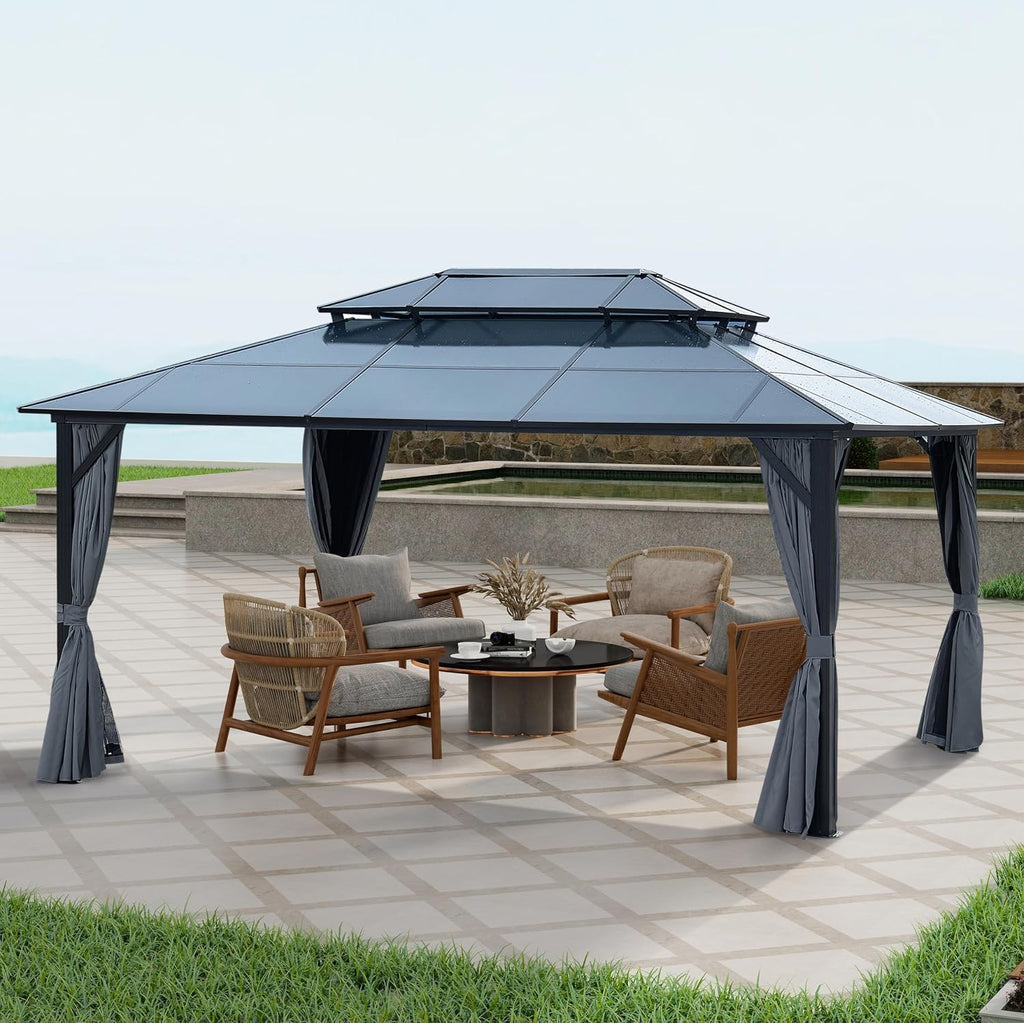 12' x 16' Gazebo Polycarbonate Double Roof Canopy Outdoor Aluminum Frame Pergola, Permanent Pavilion with Netting and Curtains for Garden Patio Lawns Parties