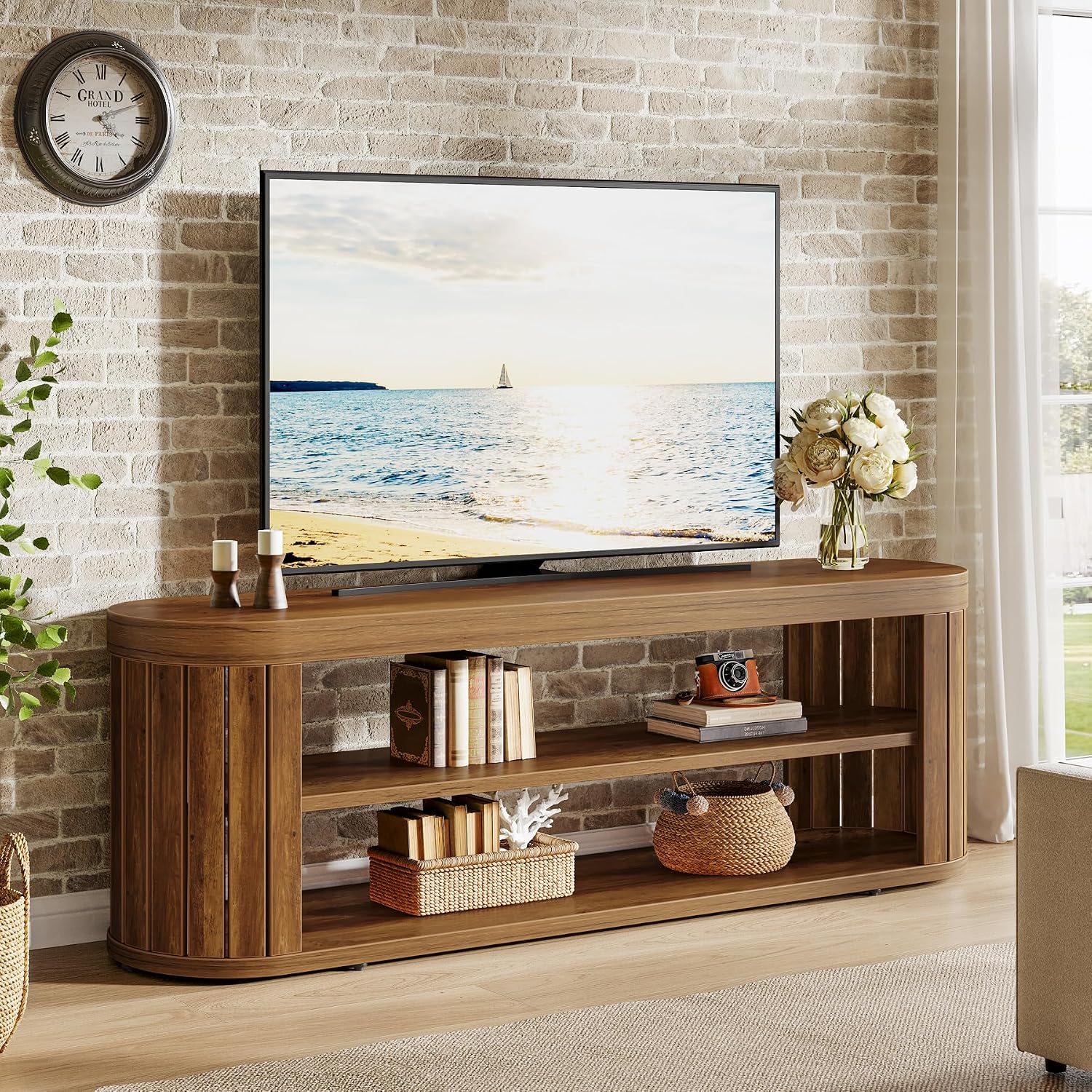 Tribesigns TV Stand for TVs up to 55 Inches, 47.2-Inch Entertainment Center with 2-Tier Open Storage & Adjustable Foot Pads, Oval Media TV Console Table for Living Room, Bedroom, Rustic Brown